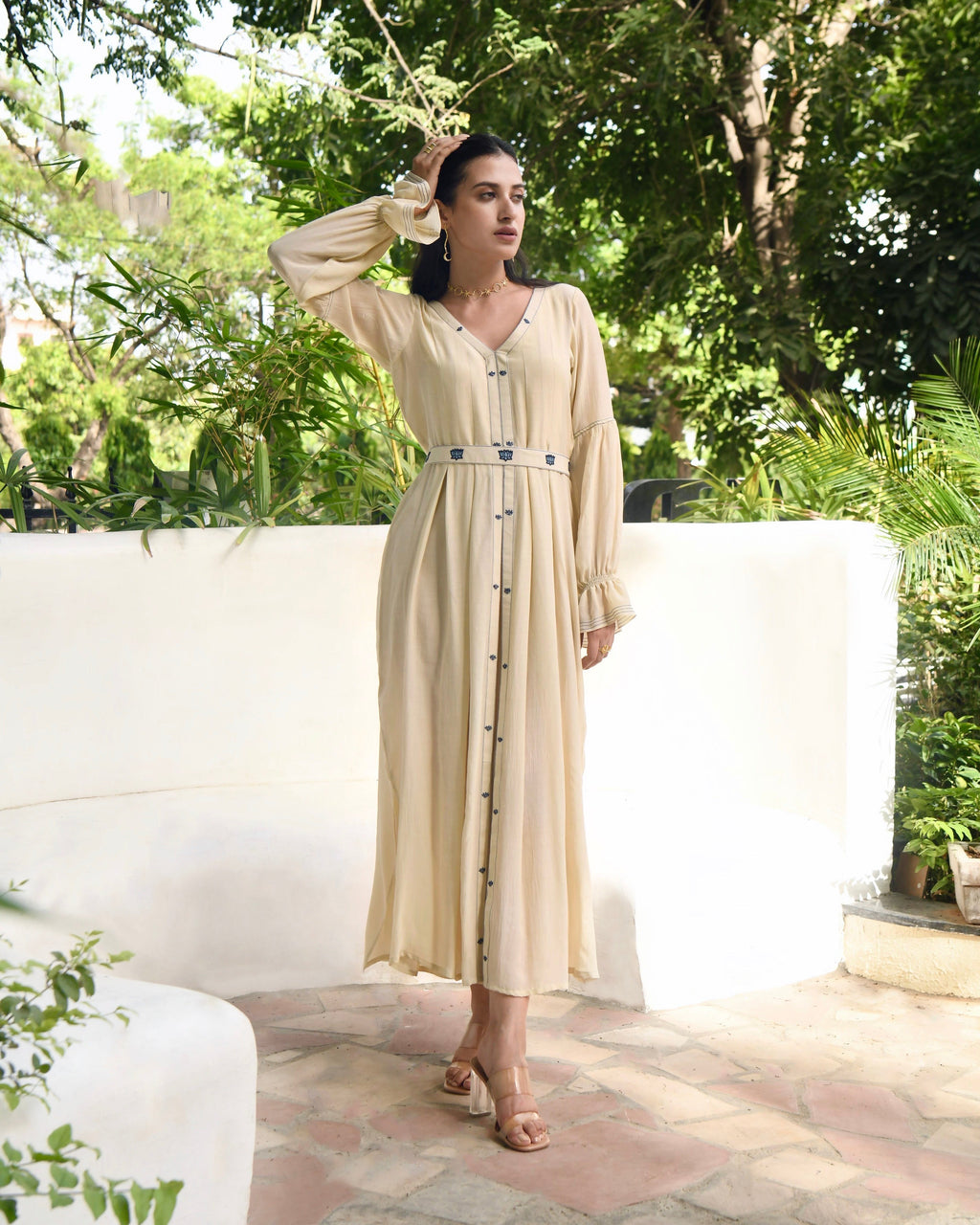 Brown Embroidered Silk Maxi Dress by Taro with Bangalore Silk, Dusk To Dawn by Taro, Embroidered, Evening Wear, July Sale, July Sale 2023, Maxi Dresses, Natural, Regular Fit, Silk, White, Womenswear at Kamakhyaa for sustainable fashion