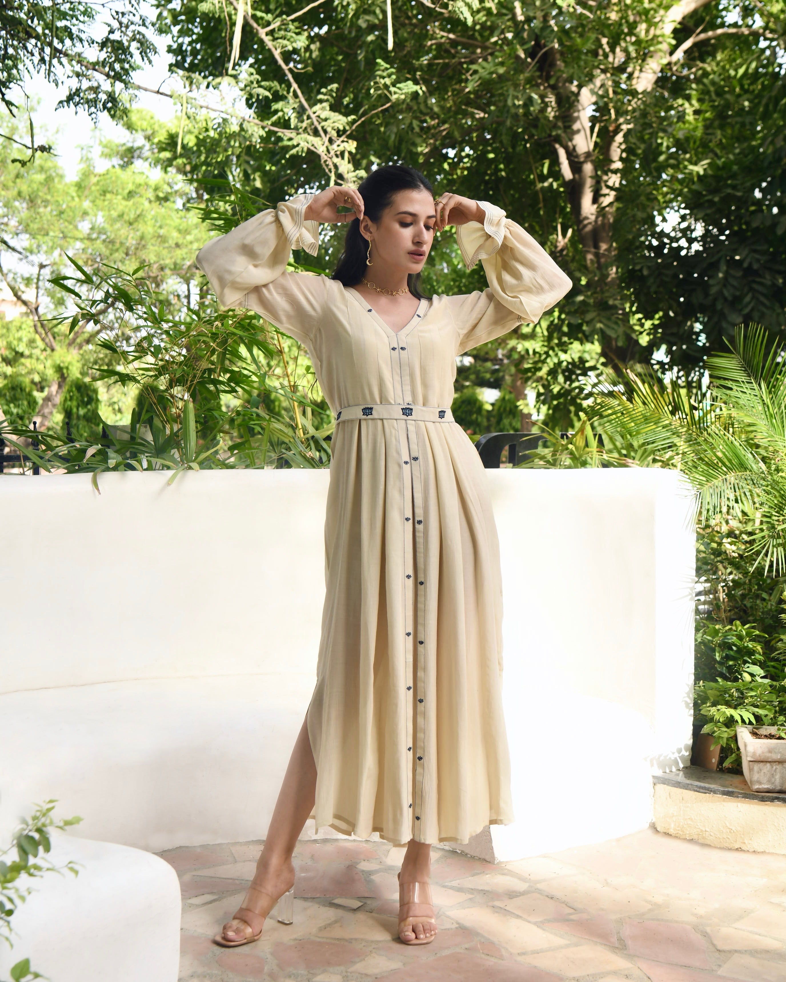 Brown Embroidered Silk Maxi Dress by Taro with Bangalore Silk, Dusk To Dawn by Taro, Embroidered, Evening Wear, July Sale, July Sale 2023, Maxi Dresses, Natural, Regular Fit, Silk, White, Womenswear at Kamakhyaa for sustainable fashion