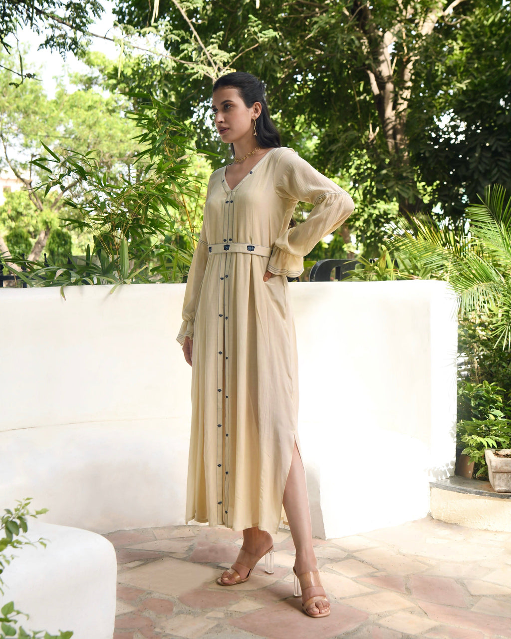 Brown Embroidered Silk Maxi Dress by Taro with Bangalore Silk, Dusk To Dawn by Taro, Embroidered, Evening Wear, July Sale, July Sale 2023, Maxi Dresses, Natural, Regular Fit, Silk, White, Womenswear at Kamakhyaa for sustainable fashion