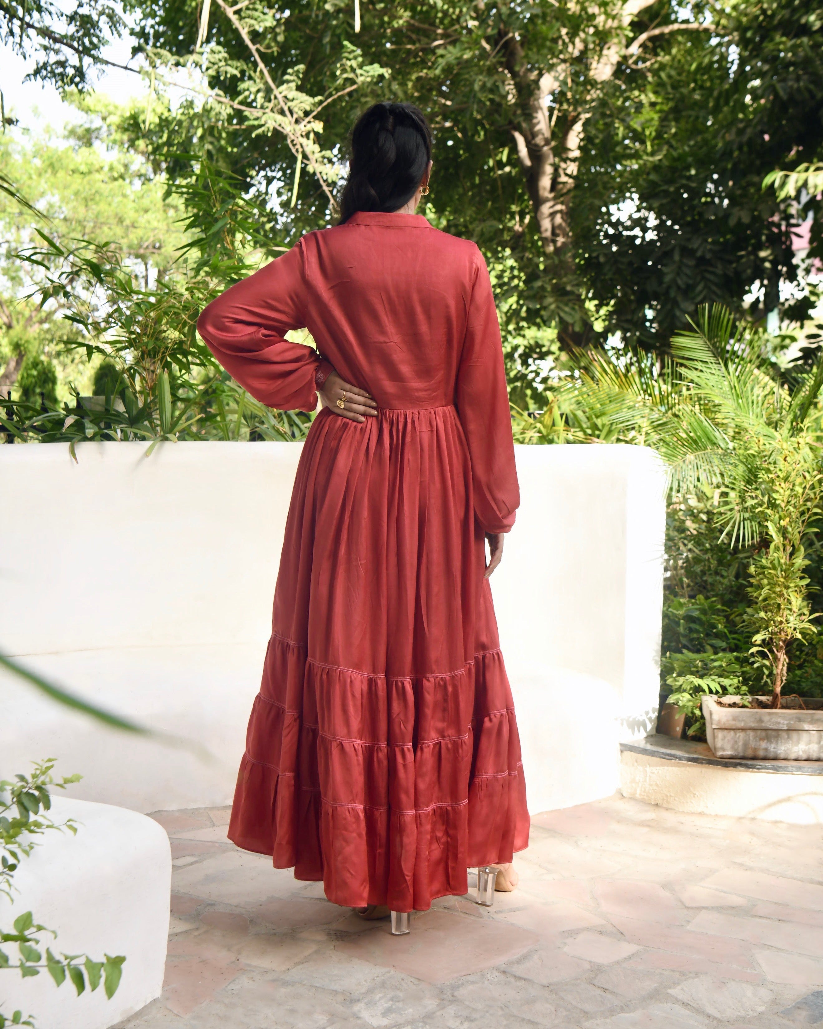 Red Embroidered Satin Maxi Dress by Taro with Dusk To Dawn by Taro, Embroidered, Evening Wear, July Sale, July Sale 2023, Maxi Dresses, Modal Satin, Natural, Red, Regular Fit, Silk, Tiered Dresses, Womenswear at Kamakhyaa for sustainable fashion