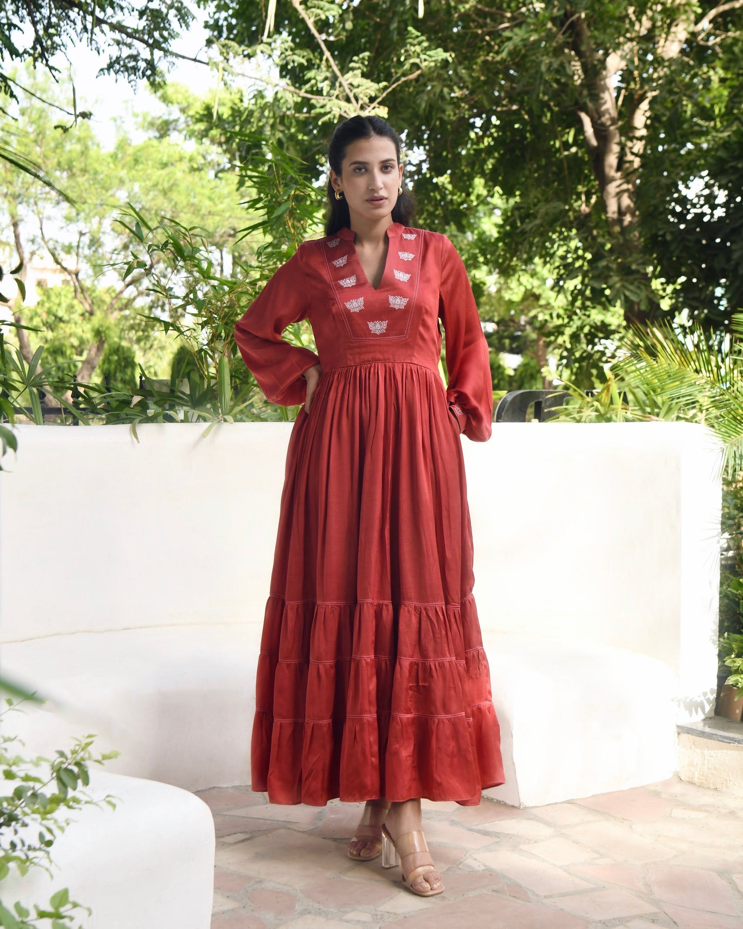 Red Embroidered Satin Maxi Dress by Taro with Dusk To Dawn by Taro, Embroidered, Evening Wear, July Sale, July Sale 2023, Maxi Dresses, Modal Satin, Natural, Red, Regular Fit, Silk, Tiered Dresses, Womenswear at Kamakhyaa for sustainable fashion