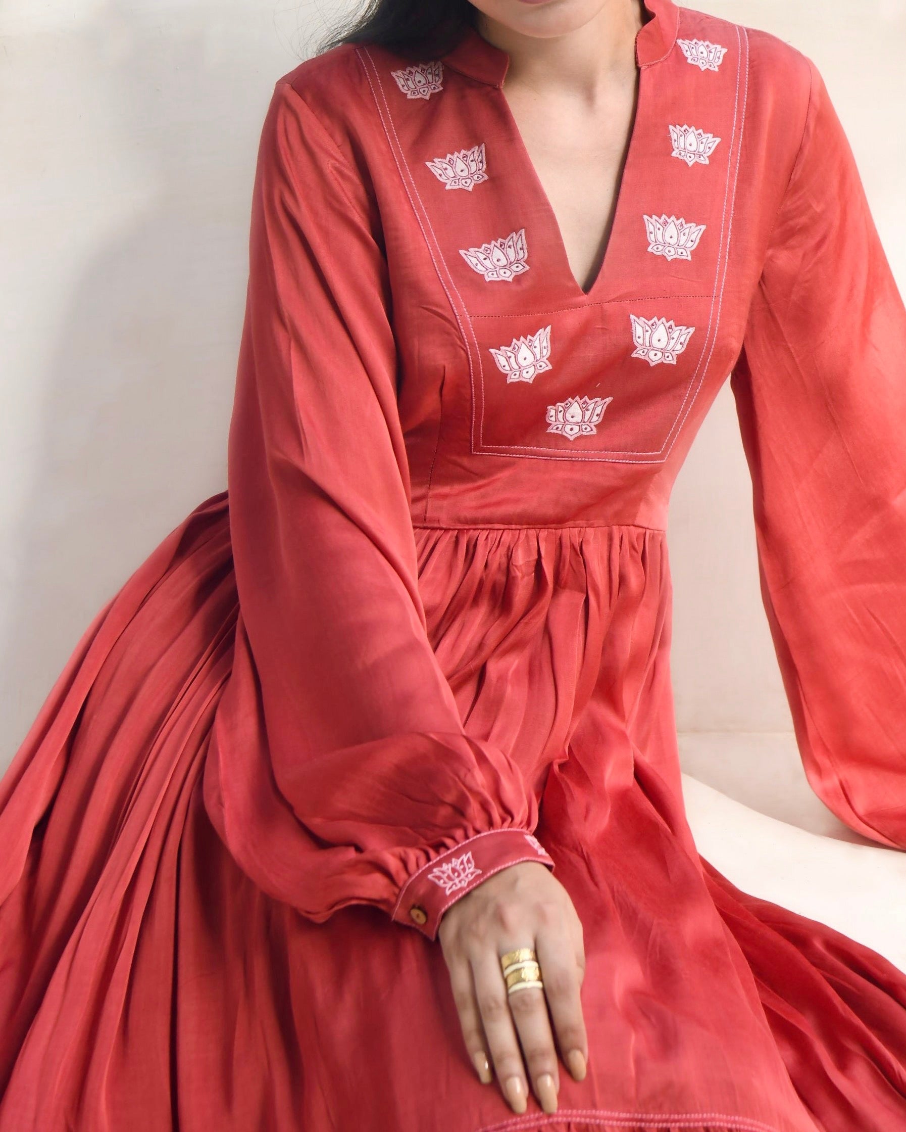 Red Embroidered Satin Maxi Dress by Taro with Dusk To Dawn by Taro, Embroidered, Evening Wear, July Sale, July Sale 2023, Maxi Dresses, Modal Satin, Natural, Red, Regular Fit, Silk, Tiered Dresses, Womenswear at Kamakhyaa for sustainable fashion