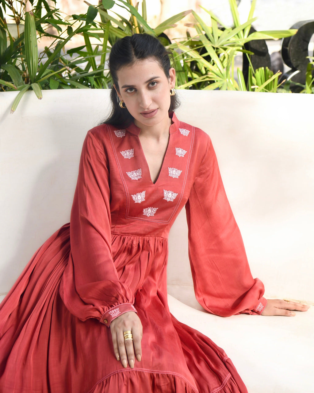 Red Embroidered Satin Maxi Dress by Taro with Dusk To Dawn by Taro, Embroidered, Evening Wear, July Sale, July Sale 2023, Maxi Dresses, Modal Satin, Natural, Red, Regular Fit, Silk, Tiered Dresses, Womenswear at Kamakhyaa for sustainable fashion
