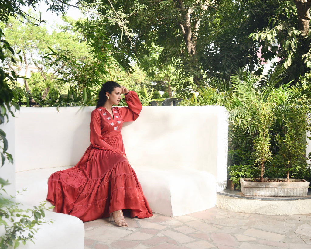 Red Embroidered Satin Maxi Dress by Taro with Dusk To Dawn by Taro, Embroidered, Evening Wear, July Sale, July Sale 2023, Maxi Dresses, Modal Satin, Natural, Red, Regular Fit, Silk, Tiered Dresses, Womenswear at Kamakhyaa for sustainable fashion