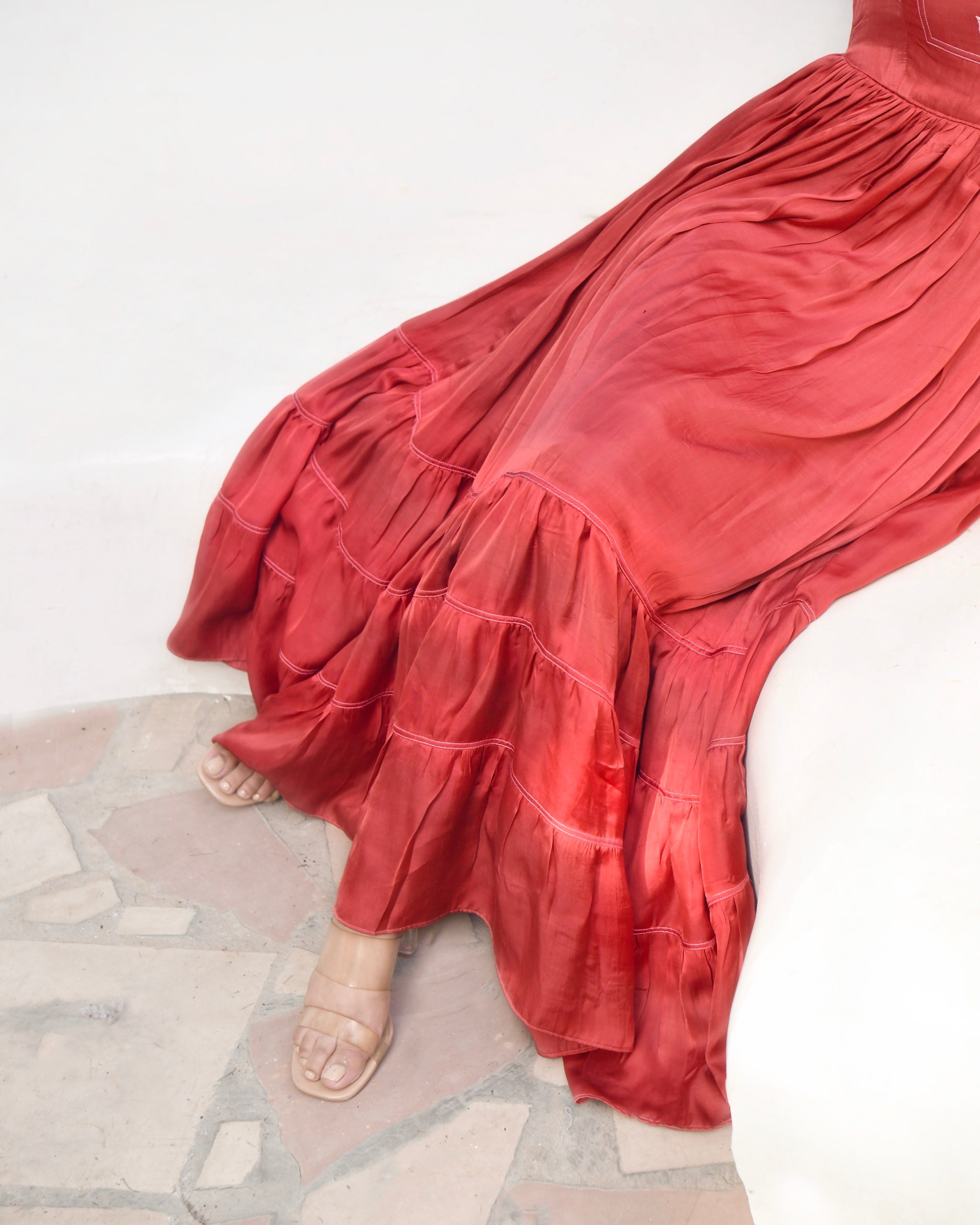 Red Embroidered Satin Maxi Dress by Taro with Dusk To Dawn by Taro, Embroidered, Evening Wear, July Sale, July Sale 2023, Maxi Dresses, Modal Satin, Natural, Red, Regular Fit, Silk, Tiered Dresses, Womenswear at Kamakhyaa for sustainable fashion