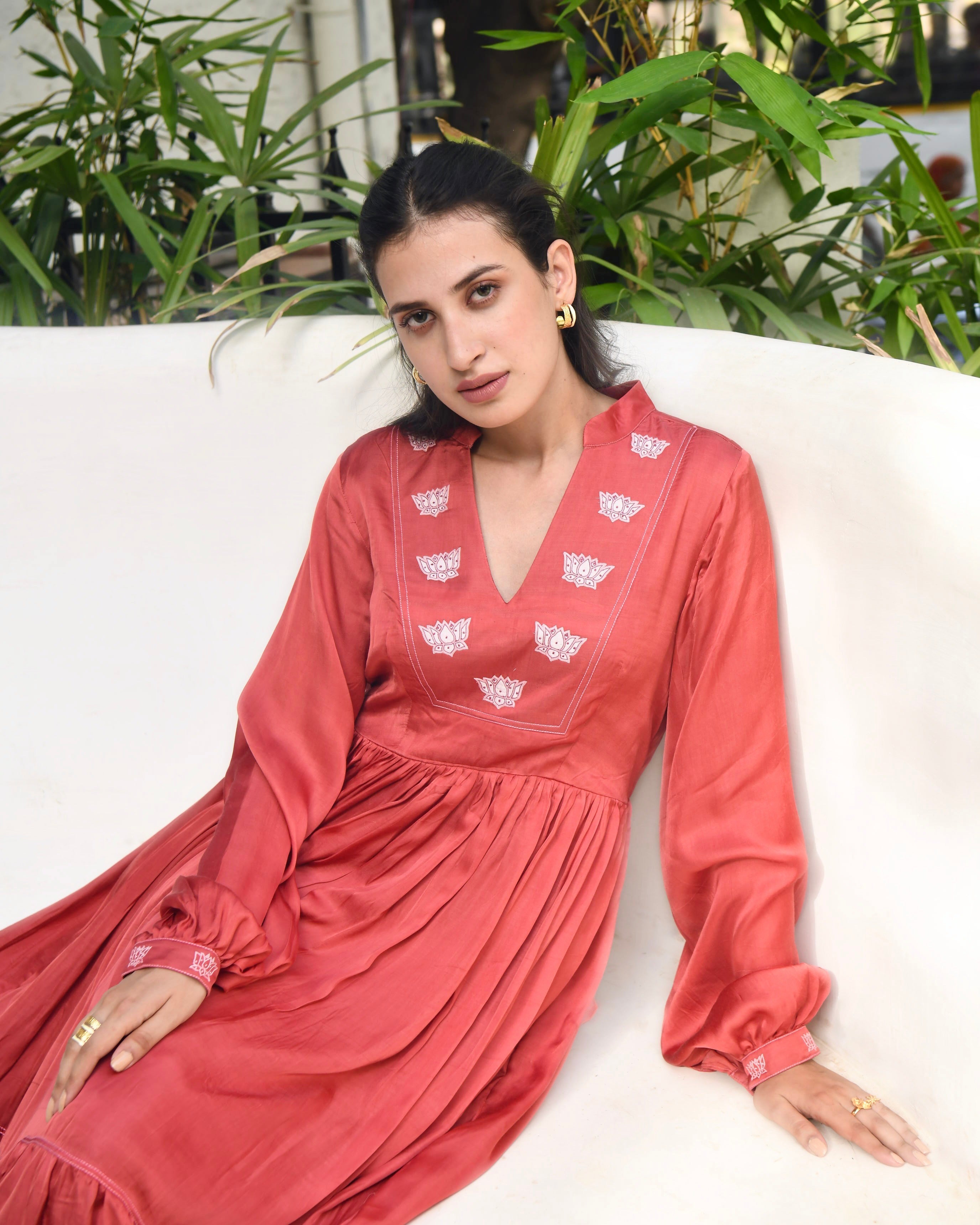 Red Embroidered Satin Maxi Dress by Taro with Dusk To Dawn by Taro, Embroidered, Evening Wear, July Sale, July Sale 2023, Maxi Dresses, Modal Satin, Natural, Red, Regular Fit, Silk, Tiered Dresses, Womenswear at Kamakhyaa for sustainable fashion