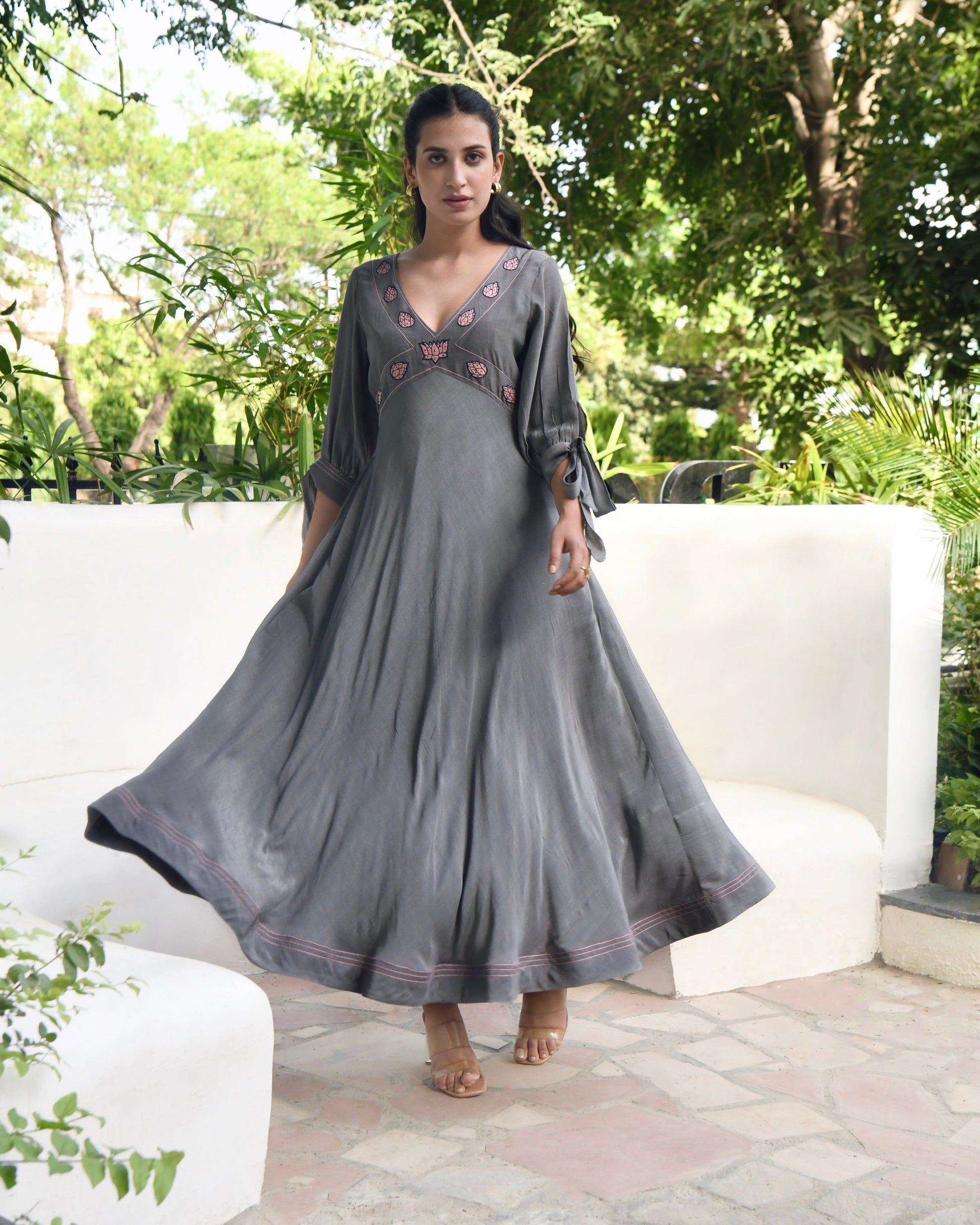 Grey Embroidered Silk Maxi Dress by Taro with Bangalore Silk, Dusk To Dawn by Taro, Embroidered, Evening Wear, Grey, July Sale, July Sale 2023, Maxi Dresses, Natural, Regular Fit, Silk, Womenswear at Kamakhyaa for sustainable fashion