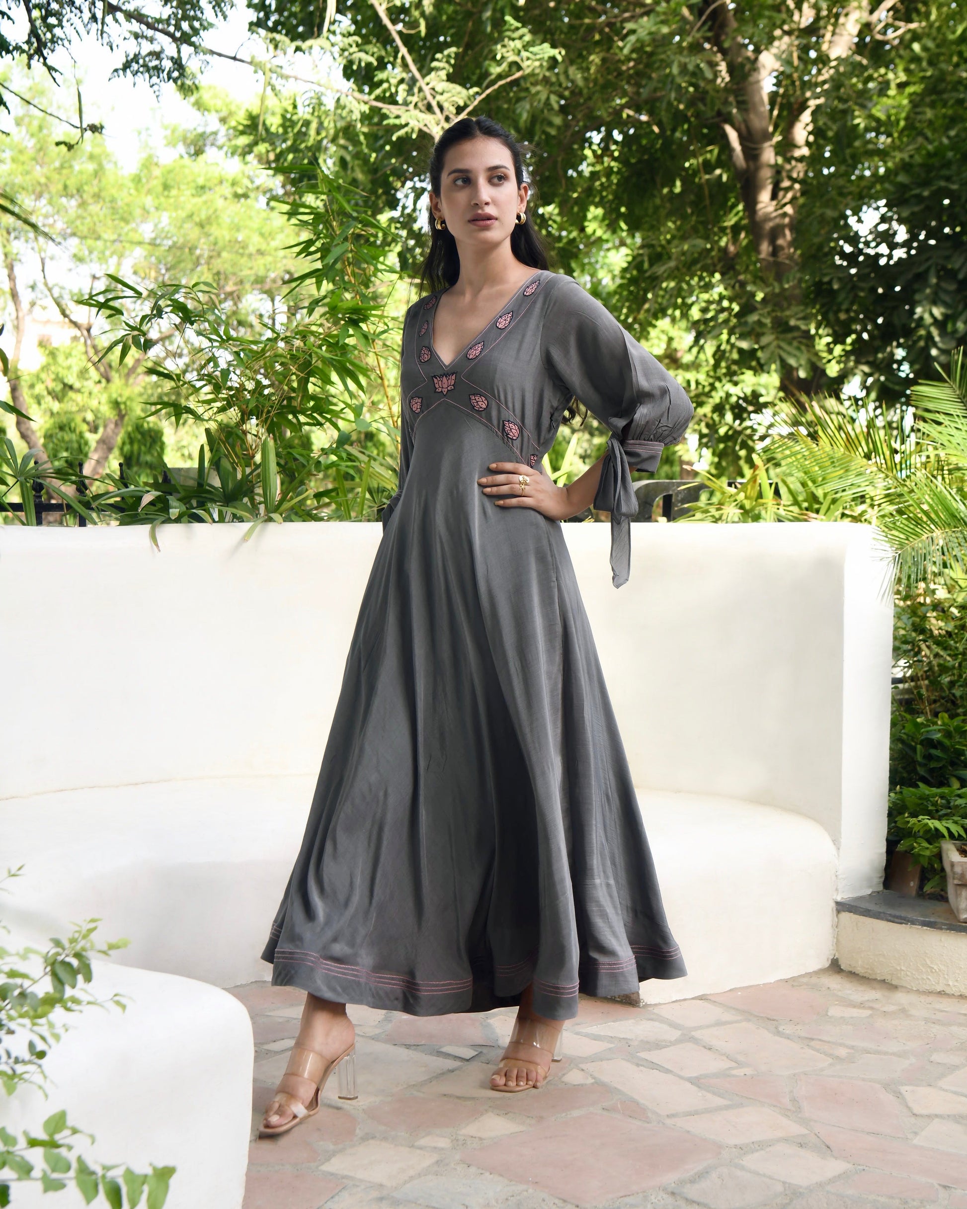 Grey Embroidered Silk Maxi Dress by Taro with Bangalore Silk, Dusk To Dawn by Taro, Embroidered, Evening Wear, Grey, July Sale, July Sale 2023, Maxi Dresses, Natural, Regular Fit, Silk, Womenswear at Kamakhyaa for sustainable fashion