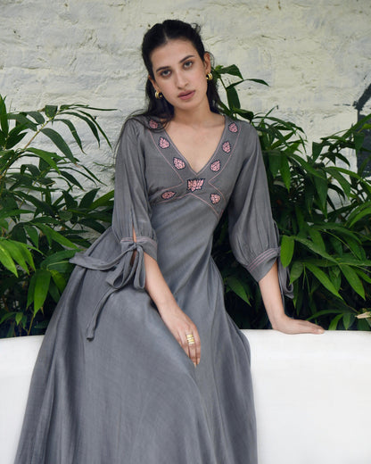 Grey Embroidered Silk Maxi Dress by Taro with Bangalore Silk, Dusk To Dawn by Taro, Embroidered, Evening Wear, Grey, July Sale, July Sale 2023, Maxi Dresses, Natural, Regular Fit, Silk, Womenswear at Kamakhyaa for sustainable fashion