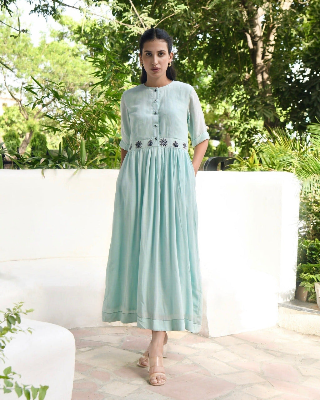 Blue Silk Midi Dress by Taro with Bangalore Silk, Blue, Dusk To Dawn by Taro, Embroidered, Evening Wear, Indo-Western, July Sale, July Sale 2023, Midi Dresses, Natural, Regular Fit, Womenswear at Kamakhyaa for sustainable fashion
