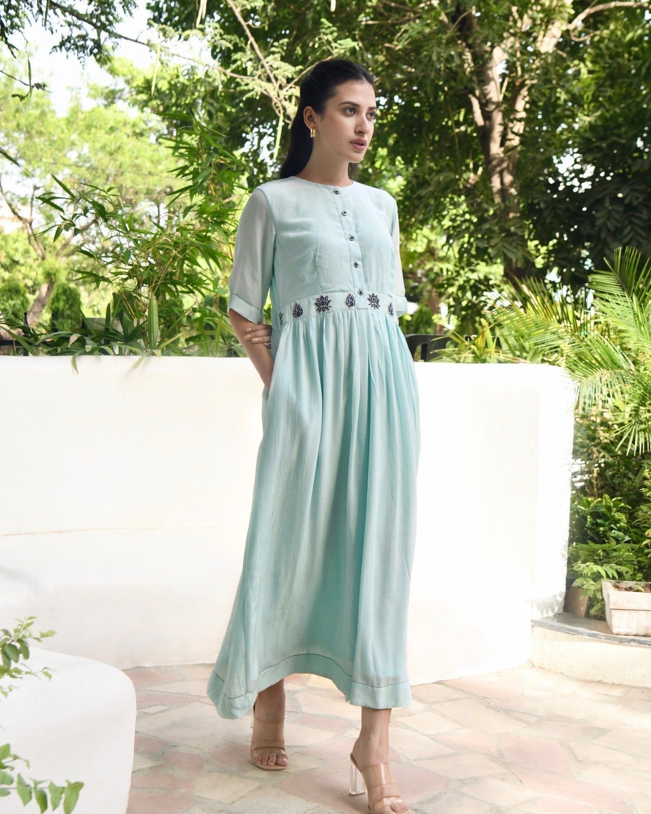 Blue Silk Midi Dress by Taro with Bangalore Silk, Blue, Dusk To Dawn by Taro, Embroidered, Evening Wear, Indo-Western, July Sale, July Sale 2023, Midi Dresses, Natural, Regular Fit, Womenswear at Kamakhyaa for sustainable fashion