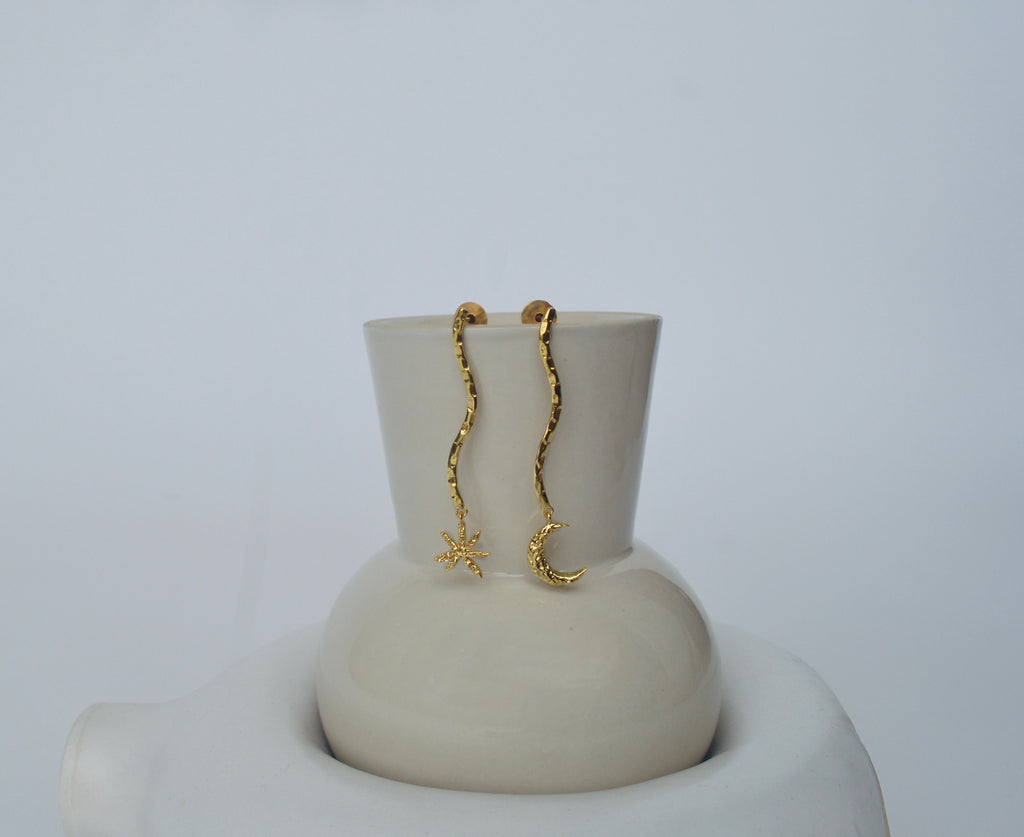 Gold Brass Moon & Star Long Earrings by The Loom Art with Brass, Cosmic Dream by The Loom Art, Fashion Jewellery, For Daughter, Free Size, Gold, Gold Plated, jewelry, Less than $50, Long Earrings, Natural at Kamakhyaa for sustainable fashion