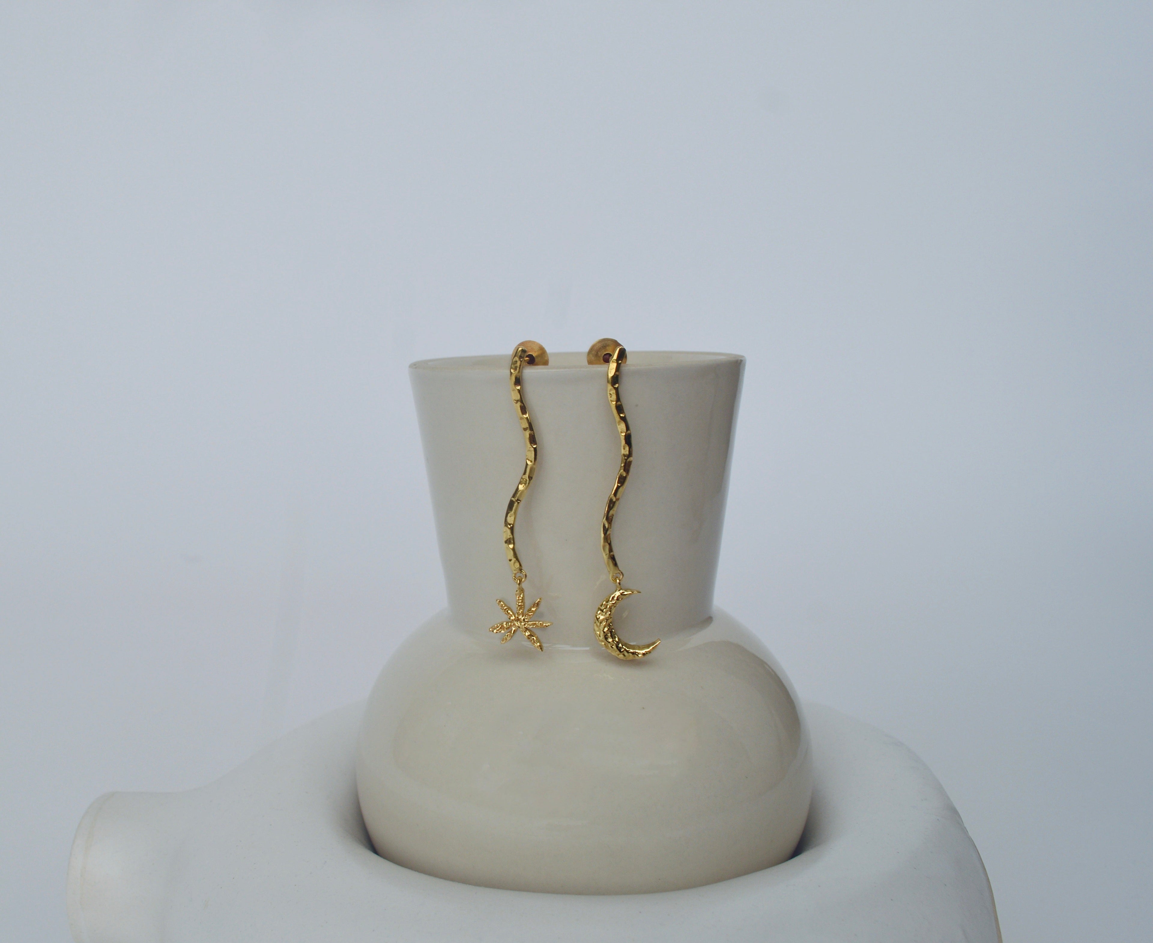 Gold Brass Moon & Star Long Earrings by The Loom Art with Brass, Cosmic Dream by The Loom Art, Fashion Jewellery, For Daughter, Free Size, Gold, Gold Plated, jewelry, Less than $50, Long Earrings, Natural at Kamakhyaa for sustainable fashion