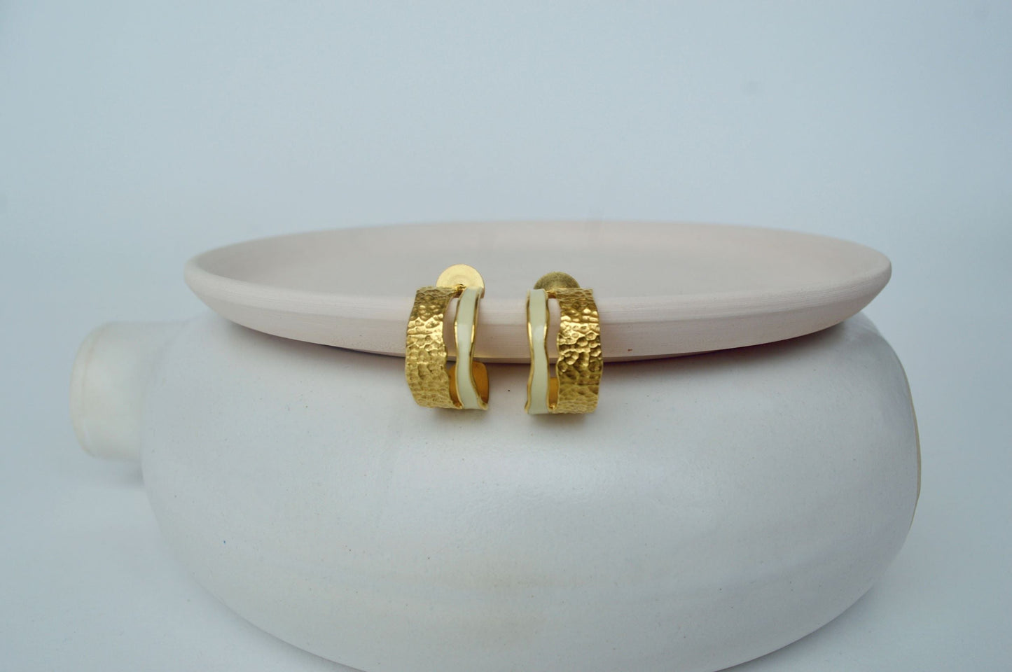 Gold Brass Pearl enamel huggies Hoops Brass, Cosmic Dream TLA, Free Size, Plated, Hoops, Natural, Statement Pieces Kamakhyaa