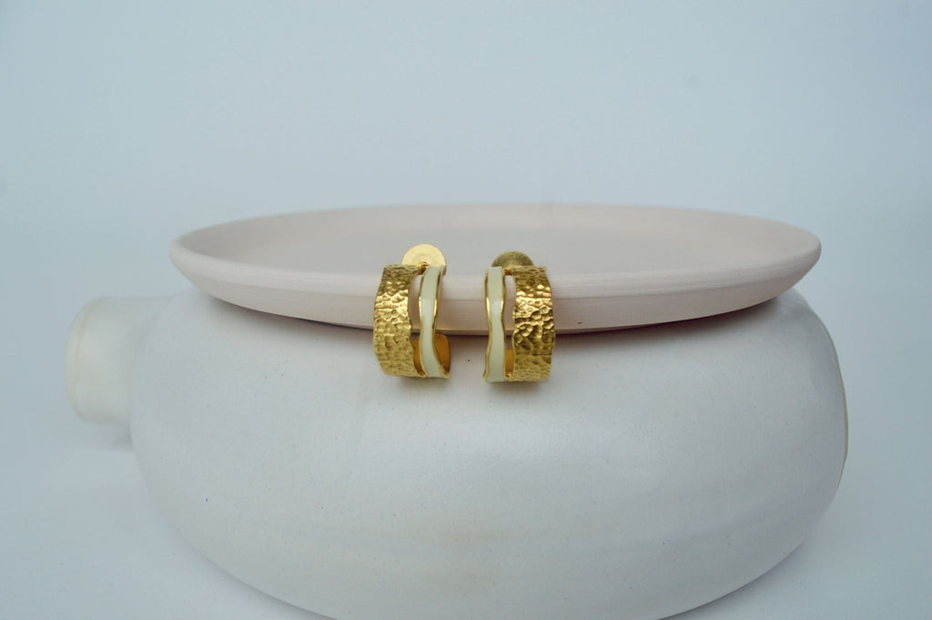 Gold Brass Pearl enamel huggies Hoops by The Loom Art with Brass, Cosmic Dream by The Loom Art, Fashion Jewellery, Free Size, Gold, Gold Plated, Hoops, jewelry, Less than $50, Natural, Office Wear Jewellery at Kamakhyaa for sustainable fashion