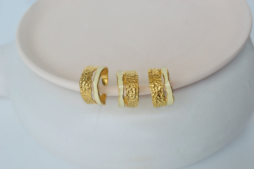 Gold Brass Pearl Enamel Stackable Rings by The Loom Art with Brass, Cosmic Dream by The Loom Art, Fashion Jewellery, For Daughter, Free Size, Gold, Gold Plated, jewelry, Less than $50, Natural, Rings, Solids, Textured at Kamakhyaa for sustainable fashion