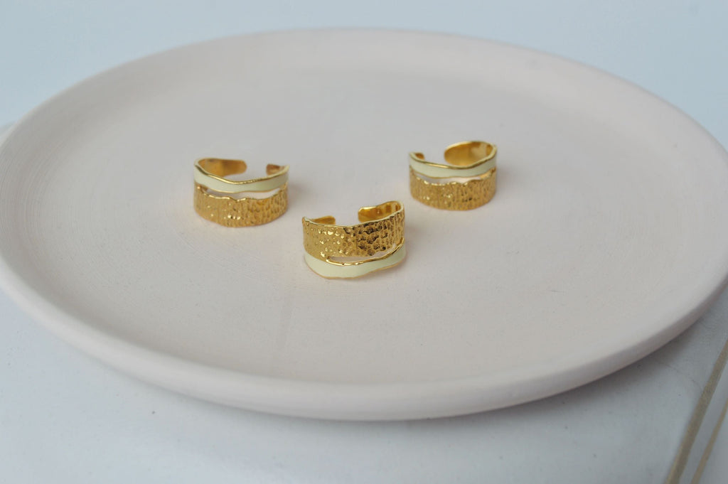 Gold Brass Pearl Enamel Stackable Rings by The Loom Art with Brass, Cosmic Dream by The Loom Art, Fashion Jewellery, For Daughter, Free Size, Gold, Gold Plated, jewelry, Less than $50, Natural, Rings, Solids, Textured at Kamakhyaa for sustainable fashion