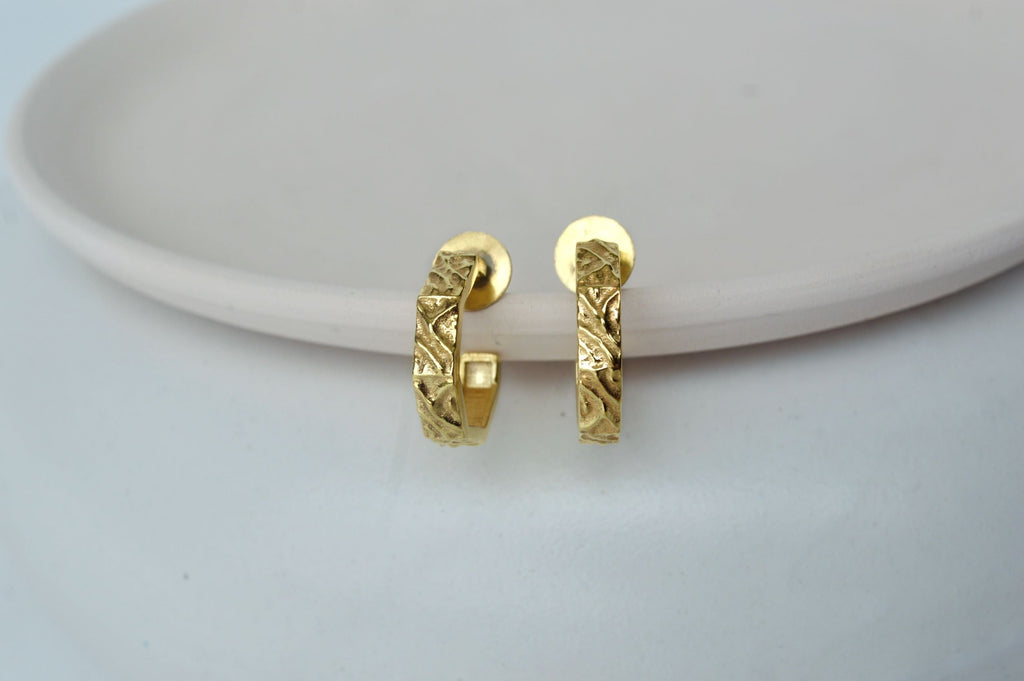 Gold Brass Textured Hexagon Hoops by The Loom Art with Brass, Cosmic Dream by The Loom Art, Fashion Jewellery, Free Size, Gold, Gold Plated, Hoops, jewelry, Less than $50, Natural, Office Wear Jewellery at Kamakhyaa for sustainable fashion