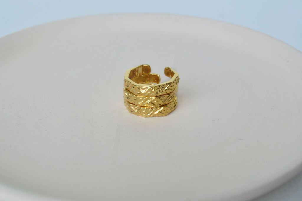 Gold Brass Textured Hexagonal Rings by The Loom Art with Brass, Cosmic Dream by The Loom Art, Fashion Jewellery, Free Size, Gold, Gold Plated, jewelry, Less than $50, Natural, Rings at Kamakhyaa for sustainable fashion