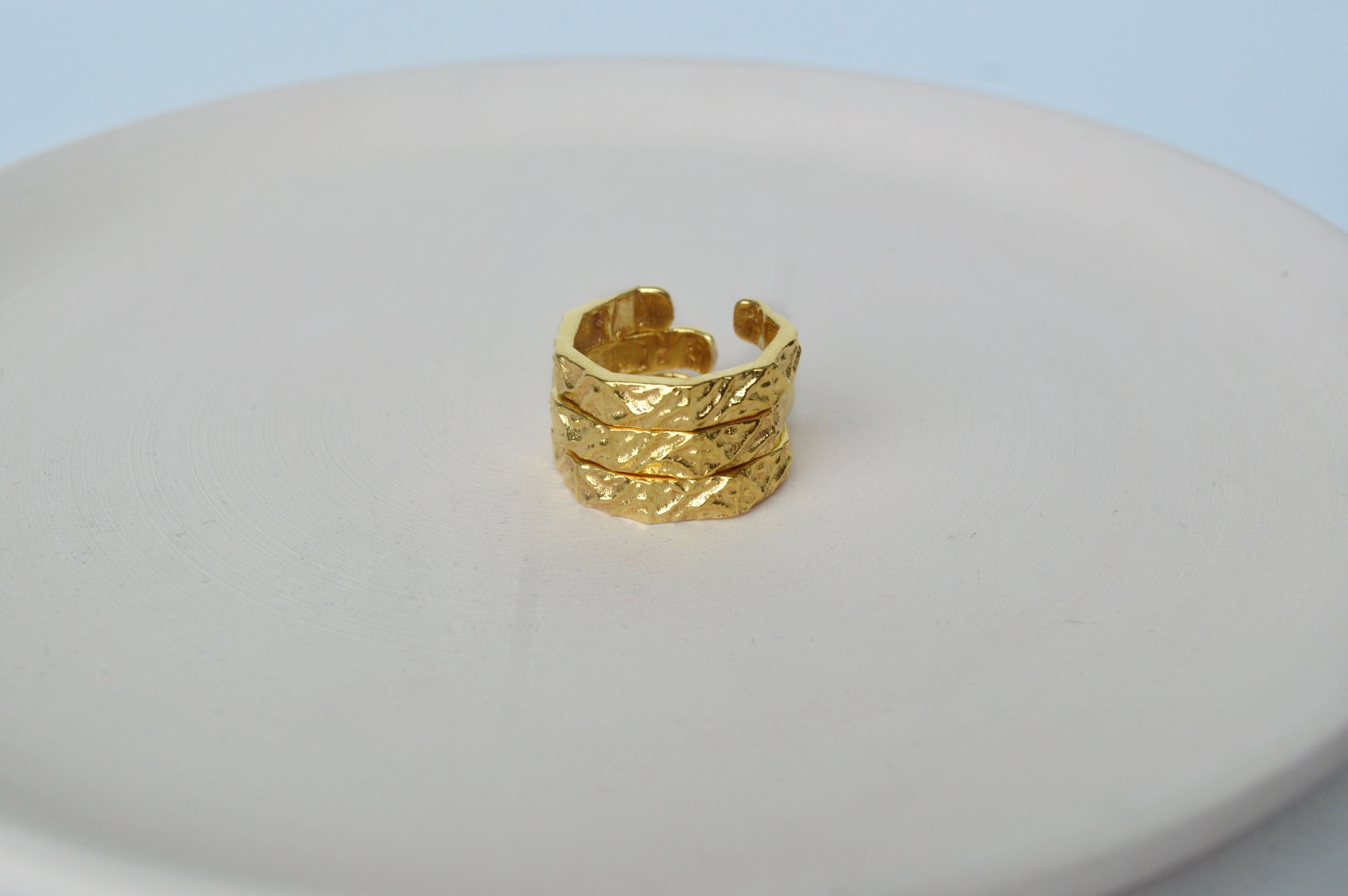 Gold Brass Textured Hexagonal Rings by The Loom Art with Brass, Cosmic Dream by The Loom Art, Fashion Jewellery, Free Size, Gold, Gold Plated, jewelry, Less than $50, Natural, Rings at Kamakhyaa for sustainable fashion