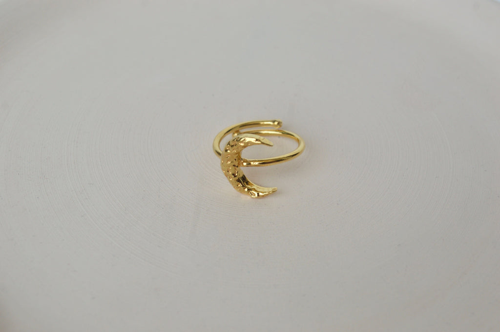 Gold Brass Crescent Moon Ring by The Loom Art with Brass, Cosmic Dream by The Loom Art, Fashion Jewellery, Free Size, Gold, Gold Plated, jewelry, Less than $50, Natural, Products less than $25, Rings, Textured at Kamakhyaa for sustainable fashion
