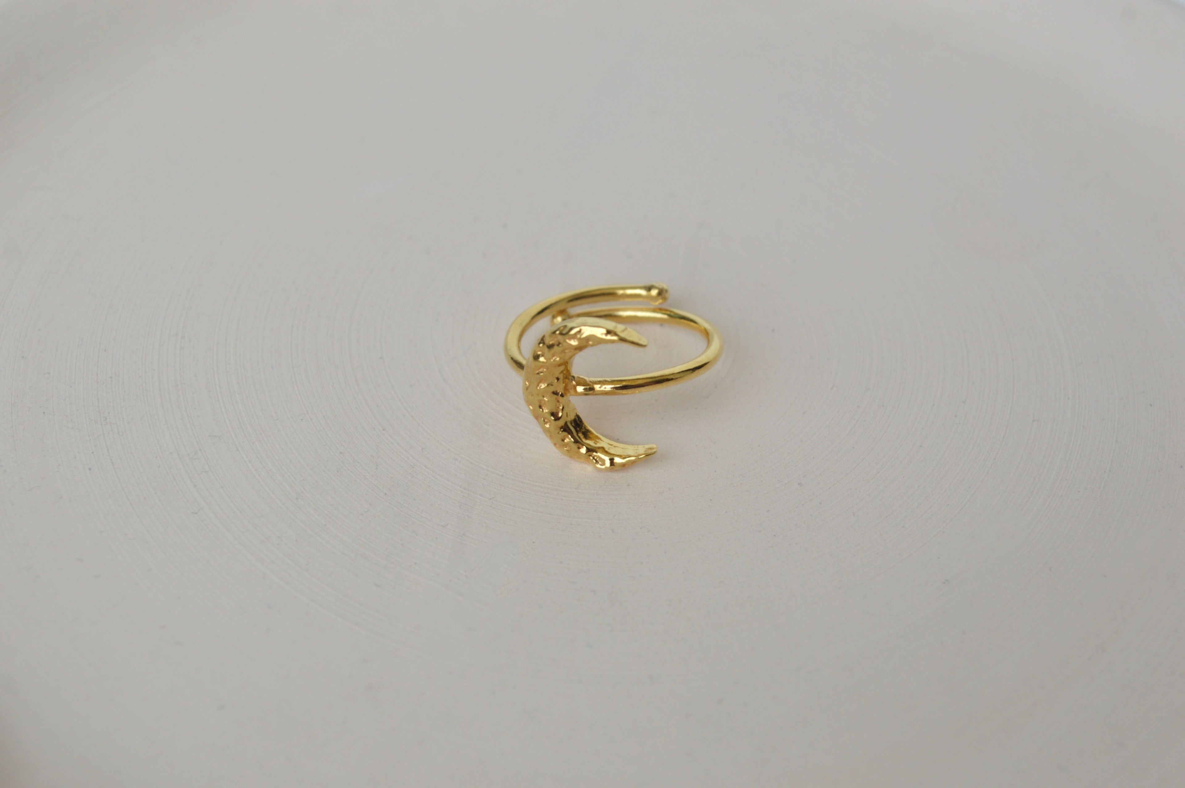 Gold Brass Crescent Moon Ring by The Loom Art with Brass, Cosmic Dream by The Loom Art, Fashion Jewellery, Free Size, Gold, Gold Plated, jewelry, Less than $50, Natural, Products less than $25, Rings, Textured at Kamakhyaa for sustainable fashion