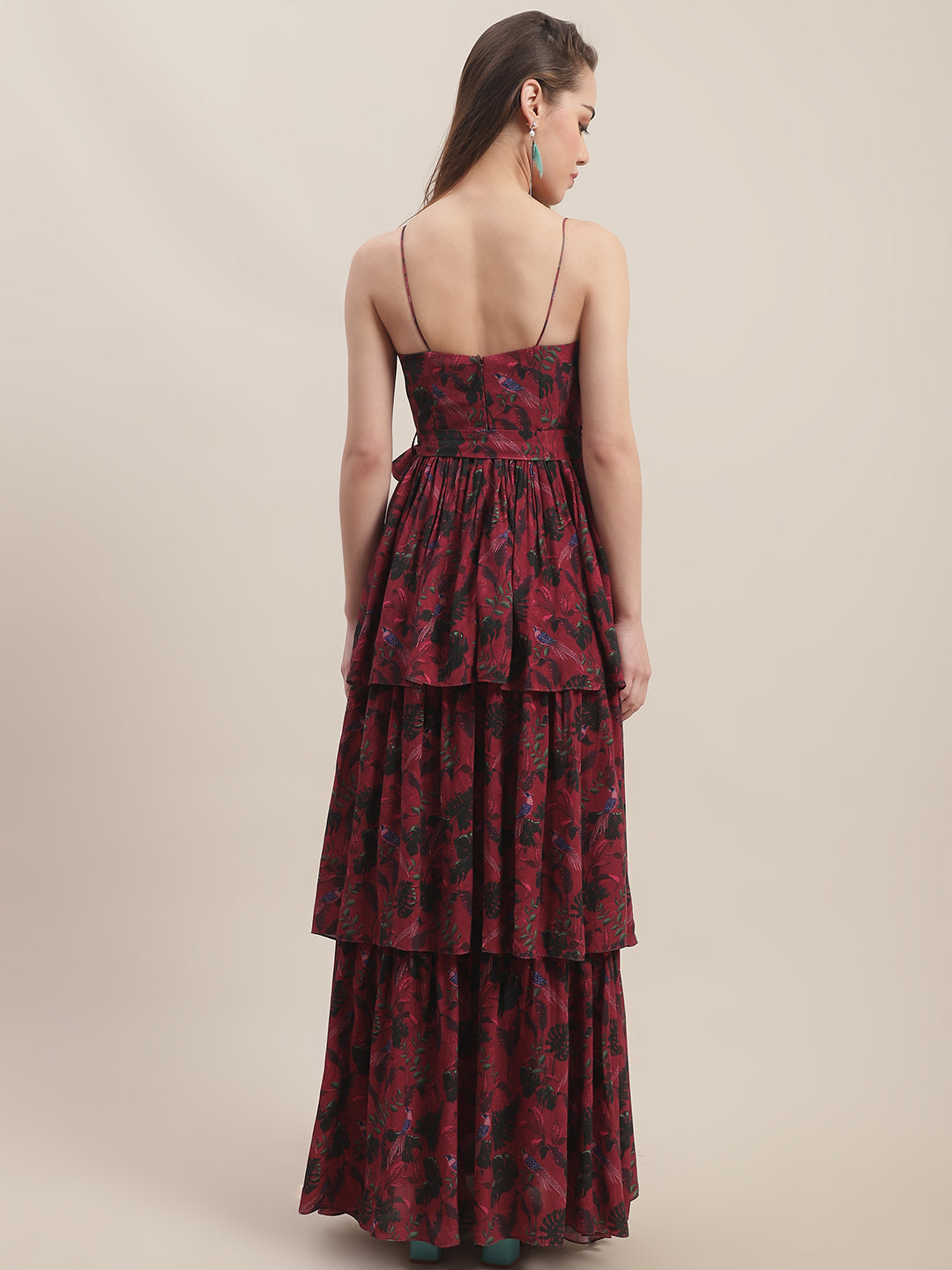 Crepe Red Printed Maxi Dress by Ewoke with Best Selling, Crepe, Festive 23, Maxi Dresses, Natural with azo free dyes, Party Wear, Prints, Red, Sleeveless Dresses, Slim Fit, Womenswear at Kamakhyaa for sustainable fashion