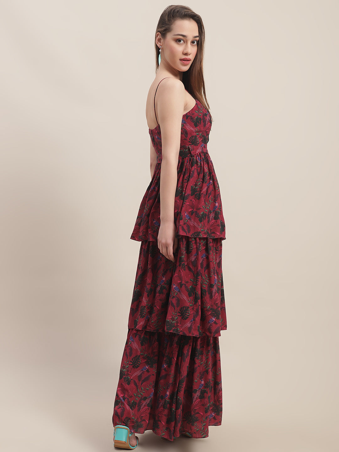 Crepe Red Printed Maxi Dress by Ewoke with Best Selling, Crepe, Festive 23, Maxi Dresses, Natural with azo free dyes, Party Wear, Prints, Red, Sleeveless Dresses, Slim Fit, Womenswear at Kamakhyaa for sustainable fashion