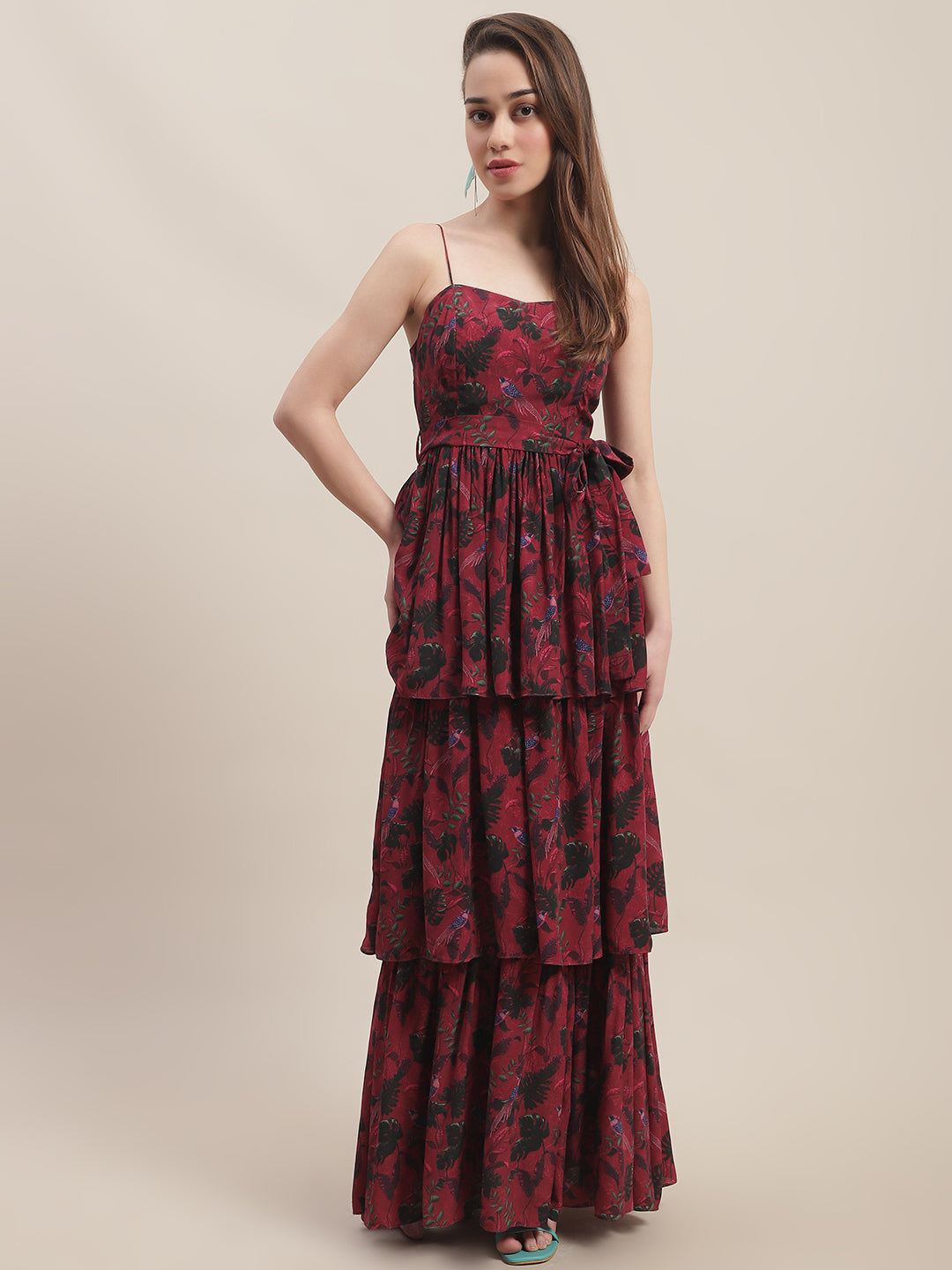 Crepe Red Printed Maxi Dress by Ewoke with Best Selling, Crepe, Festive 23, Maxi Dresses, Natural with azo free dyes, Party Wear, Prints, Red, Sleeveless Dresses, Slim Fit, Womenswear at Kamakhyaa for sustainable fashion