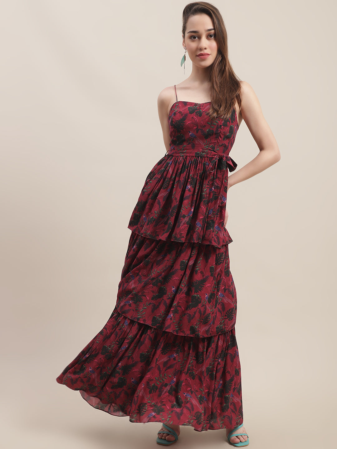 Crepe Red Printed Maxi Dress by Ewoke with Best Selling, Crepe, Festive 23, Maxi Dresses, Natural with azo free dyes, Party Wear, Prints, Red, Sleeveless Dresses, Slim Fit, Womenswear at Kamakhyaa for sustainable fashion