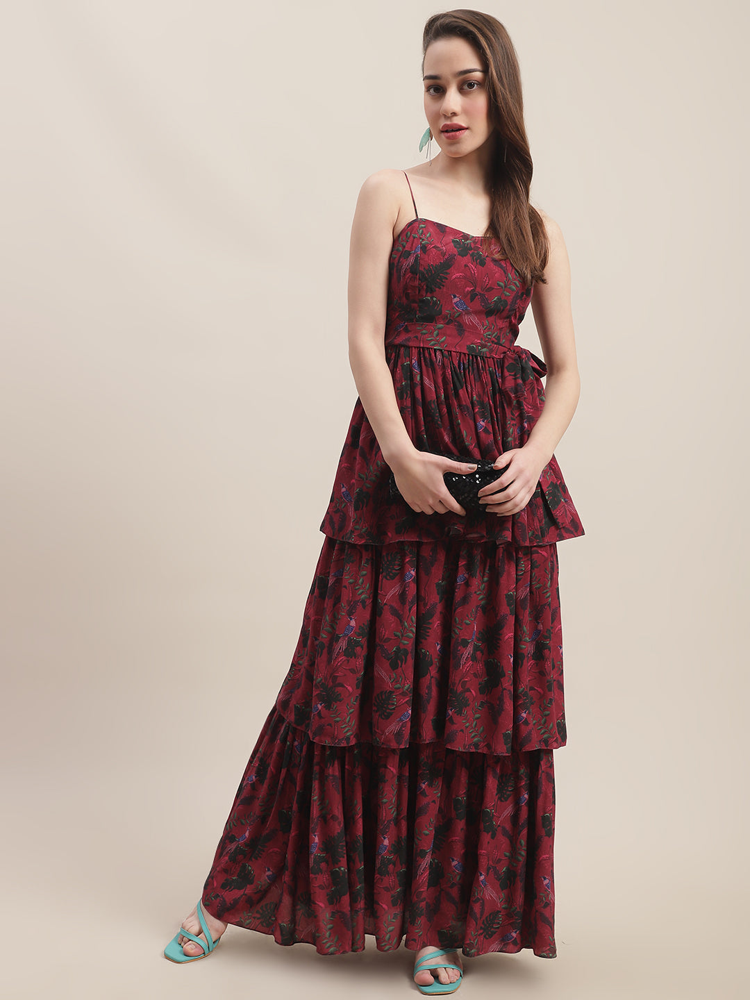 Crepe Red Printed Maxi Dress by Ewoke with Best Selling, Crepe, Festive 23, Maxi Dresses, Natural with azo free dyes, Party Wear, Prints, Red, Sleeveless Dresses, Slim Fit, Womenswear at Kamakhyaa for sustainable fashion