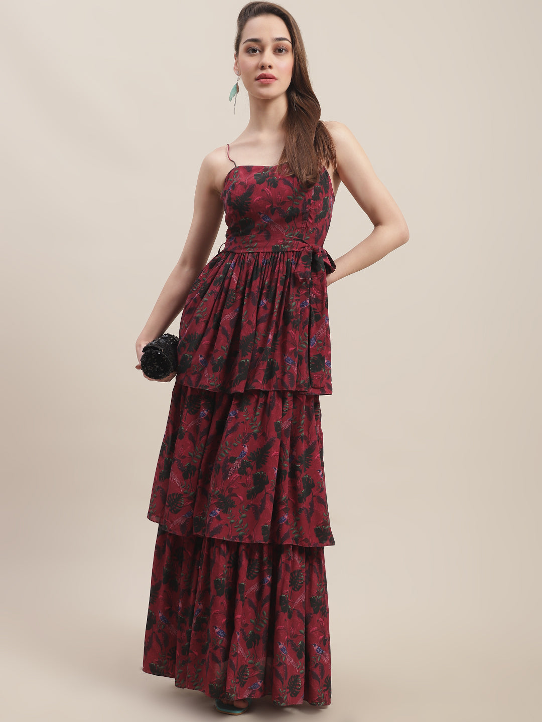 Crepe Red Printed Maxi Dress by Ewoke with Best Selling, Crepe, Festive 23, Maxi Dresses, Natural with azo free dyes, Party Wear, Prints, Red, Sleeveless Dresses, Slim Fit, Womenswear at Kamakhyaa for sustainable fashion