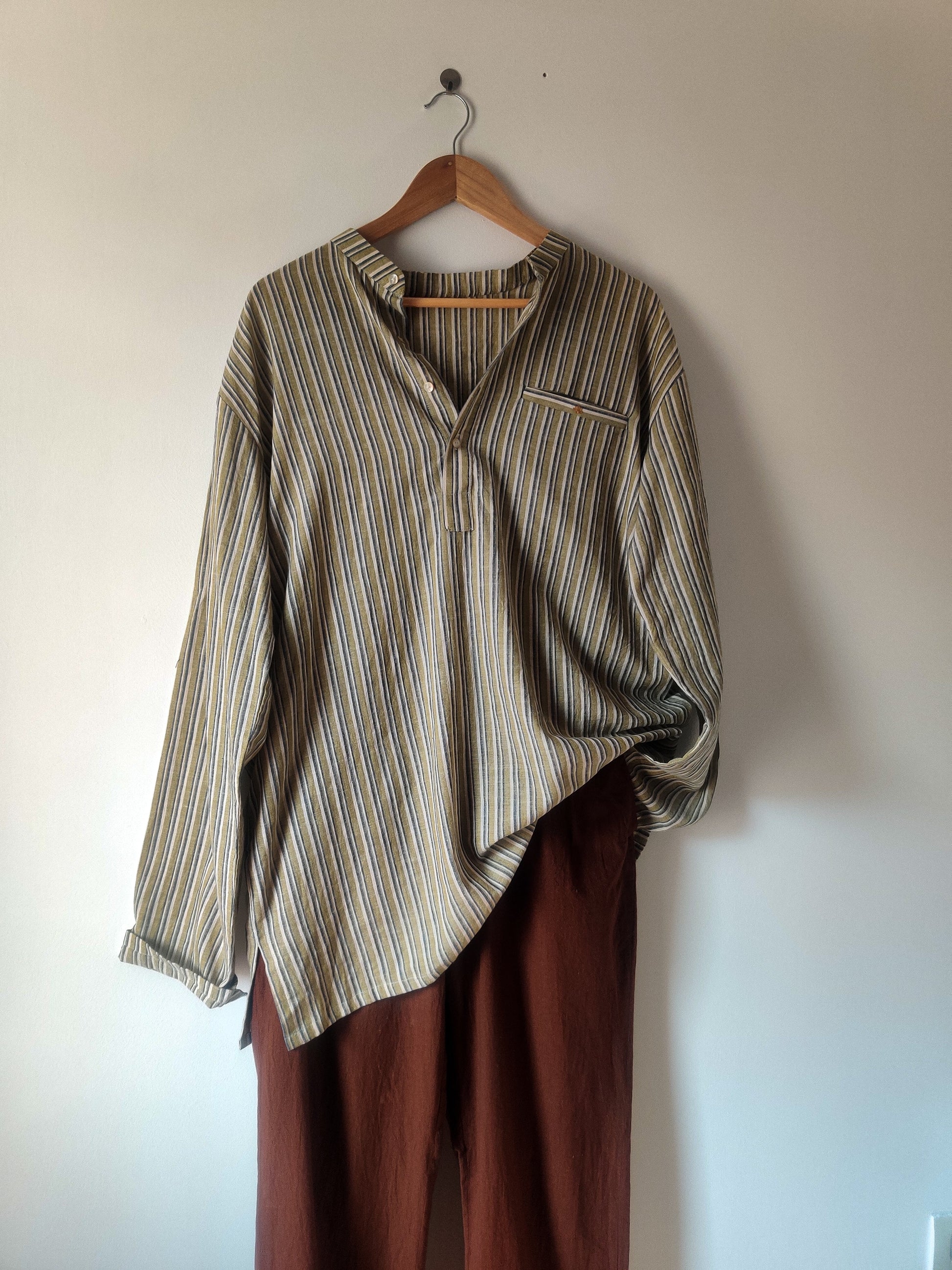 Green And Brown Cotton Kurta by Deeta Clothing with Brown, Casual Wear, Green, Handwoven Cotton, Kurtas, Menswear, Natural with azo dyes, Relaxed Fit, Shibui AW22, Stripes, Tops at Kamakhyaa for sustainable fashion