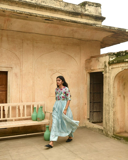 Blue Kurta Pant Set by Taro with Beads work, Blue, Casual Wear, Chanderi Silk, Digital Print, Embroidered, Enchanted Garden by Taro, Evening Wear, Festive Wear, Handcrafted buttons, Indian Wear, July Sale, July Sale 2023, Kurta Pant Sets, Natural, Natural with azo free dyes, Relaxed Fit, Womenswear at Kamakhyaa for sustainable fashion