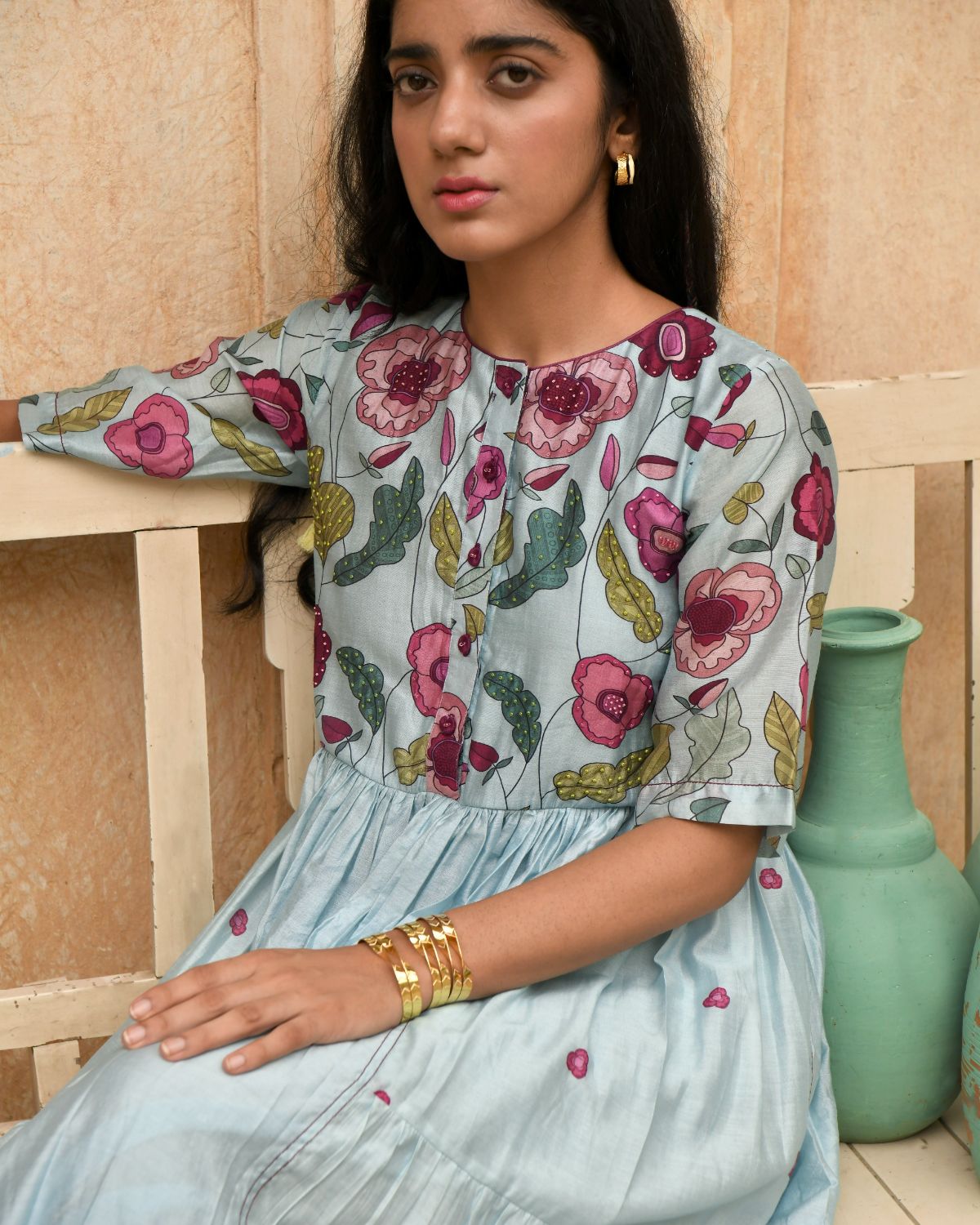 Blue Kurta Pant Set by Taro with Beads work, Blue, Casual Wear, Chanderi Silk, Digital Print, Embroidered, Enchanted Garden by Taro, Evening Wear, Festive Wear, Handcrafted buttons, Indian Wear, July Sale, July Sale 2023, Kurta Pant Sets, Natural, Natural with azo free dyes, Relaxed Fit, Womenswear at Kamakhyaa for sustainable fashion
