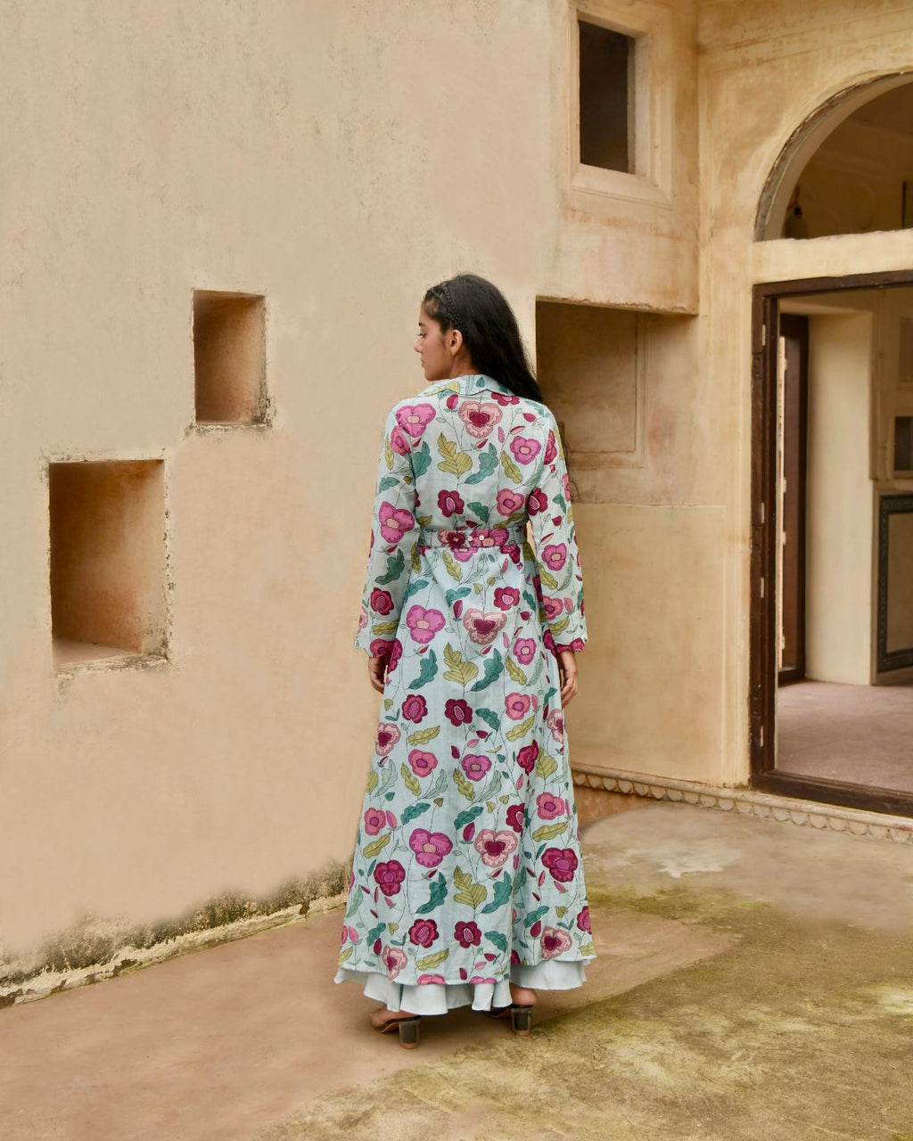 Blue Dress Set by Taro with Bamberg Silk, Beads work, Blue, Digital Print, Dress Sets, Enchanted Garden by Taro, Evening Wear, Festive Wear, Fitted At Waist, July Sale, July Sale 2023, Natural, Natural with azo free dyes, Sequin Work, Silk Chanderi, Womenswear at Kamakhyaa for sustainable fashion