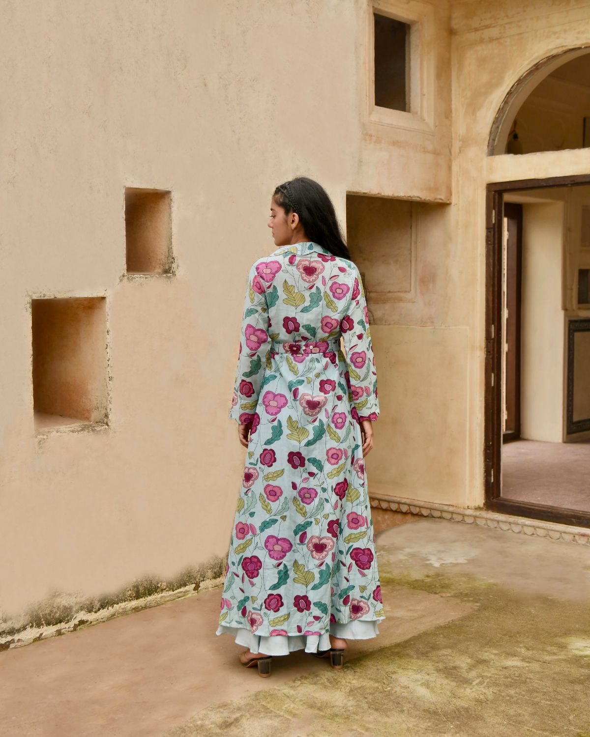 Blue Dress Set by Taro with Bamberg Silk, Beads work, Blue, Digital Print, Dress Sets, Enchanted Garden by Taro, Evening Wear, Festive Wear, Fitted At Waist, July Sale, July Sale 2023, Natural, Natural with azo free dyes, Sequin Work, Silk Chanderi, Womenswear at Kamakhyaa for sustainable fashion