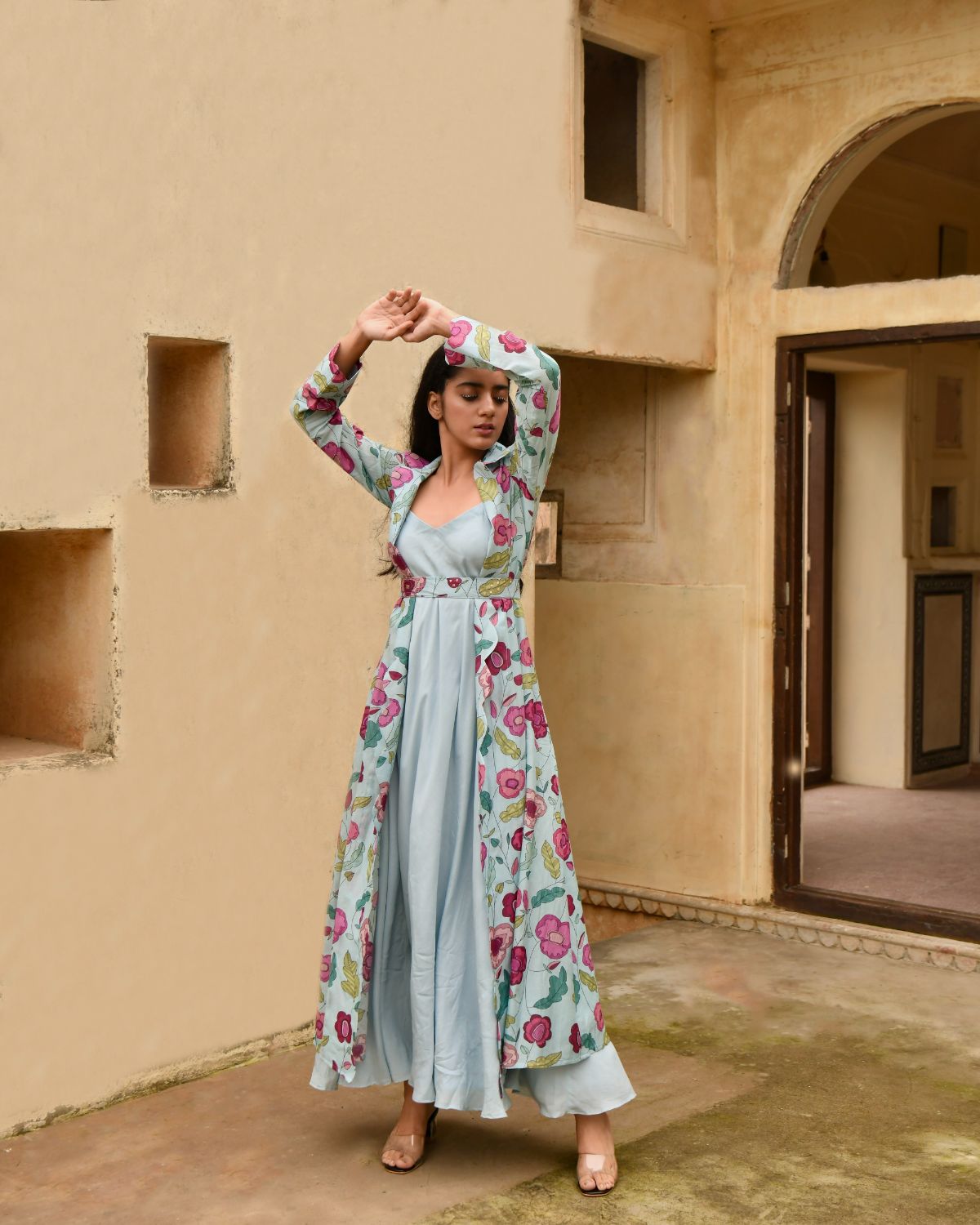 Blue Dress Set by Taro with Bamberg Silk, Beads work, Blue, Digital Print, Dress Sets, Enchanted Garden by Taro, Evening Wear, Festive Wear, Fitted At Waist, July Sale, July Sale 2023, Natural, Natural with azo free dyes, Sequin Work, Silk Chanderi, Womenswear at Kamakhyaa for sustainable fashion