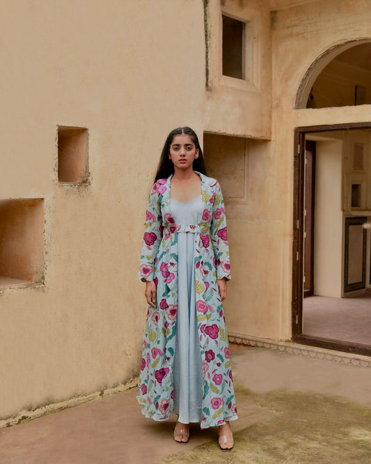 Blue Dress Set by Taro with Bamberg Silk, Beads work, Blue, Digital Print, Dress Sets, Enchanted Garden by Taro, Evening Wear, Festive Wear, Fitted At Waist, July Sale, July Sale 2023, Natural, Natural with azo free dyes, Sequin Work, Silk Chanderi, Womenswear at Kamakhyaa for sustainable fashion