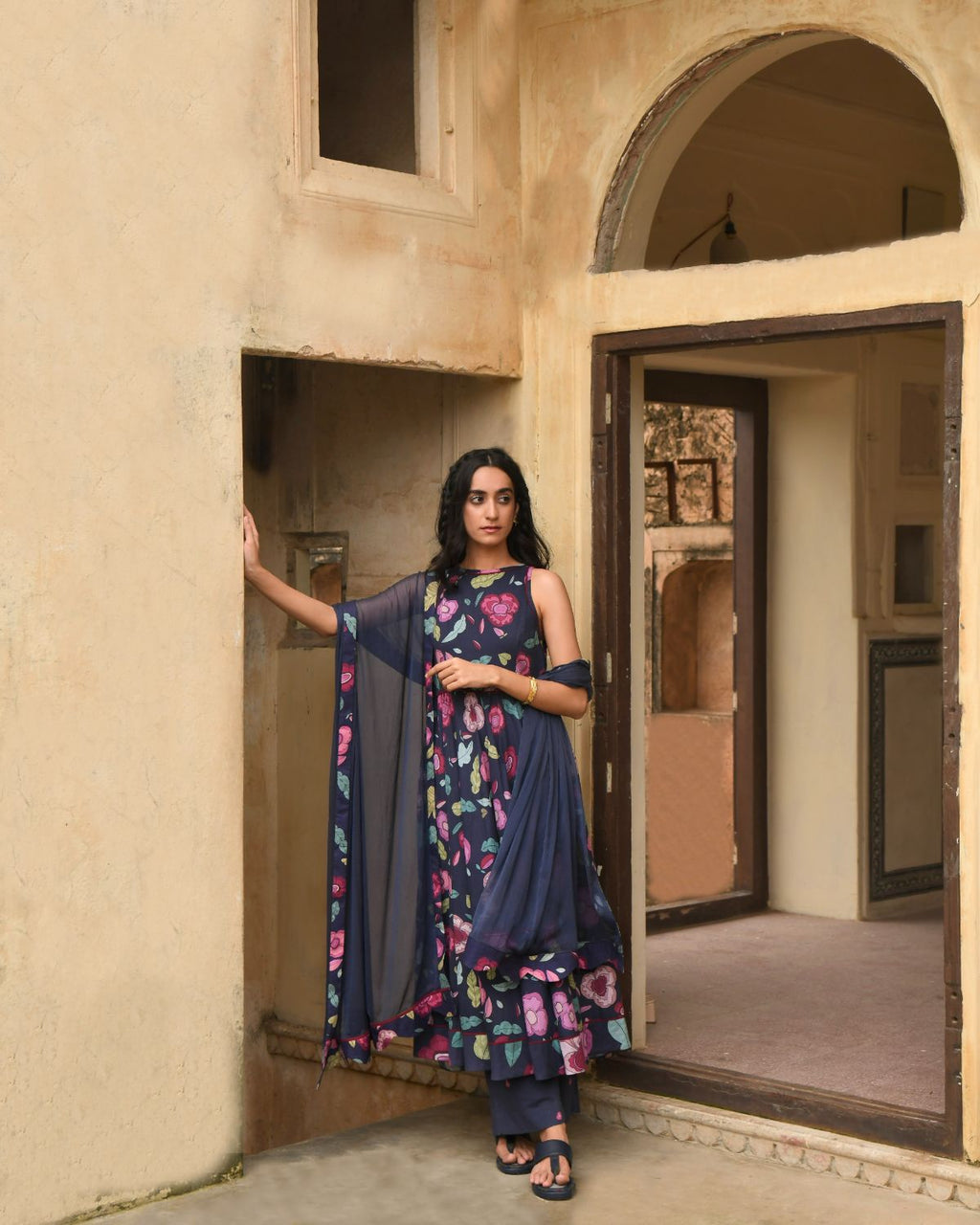 Blue Kurta Set With Chiffon Dupatta by Taro with Blue, Casual Wear, Chiffon, Digital Print, Enchanted Garden by Taro, Evening Wear, Fitted At Waist, Indian Wear, July Sale, July Sale 2023, Kurta Pant Sets, Kurta Set With Dupatta, Mulmul, Natural, Natural with azo free dyes, Womenswear at Kamakhyaa for sustainable fashion
