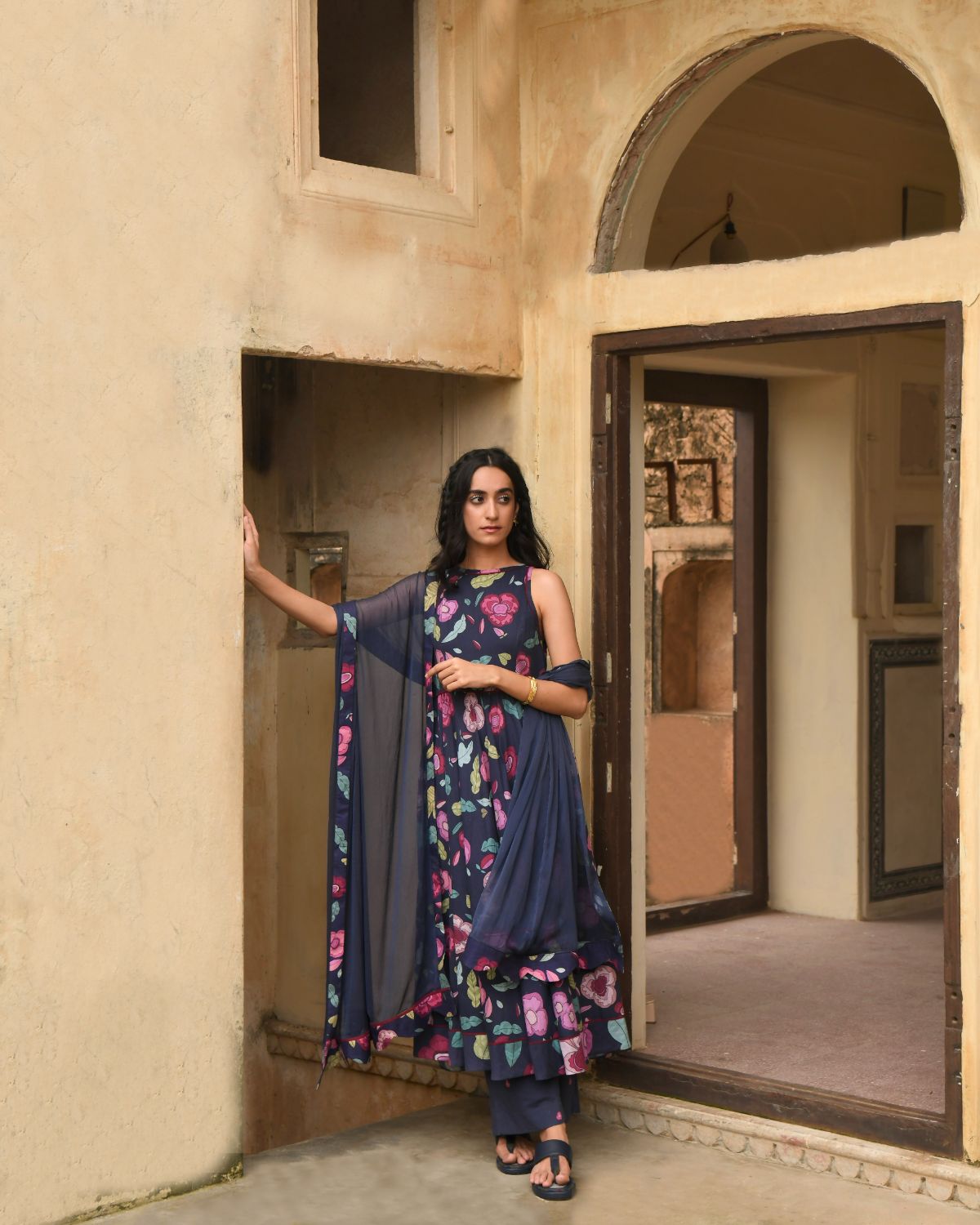 Blue Kurta Set With Chiffon Dupatta by Taro with Blue, Casual Wear, Chiffon, Digital Print, Enchanted Garden by Taro, Evening Wear, Fitted At Waist, Indian Wear, July Sale, July Sale 2023, Kurta Pant Sets, Kurta Set With Dupatta, Mulmul, Natural, Natural with azo free dyes, Womenswear at Kamakhyaa for sustainable fashion