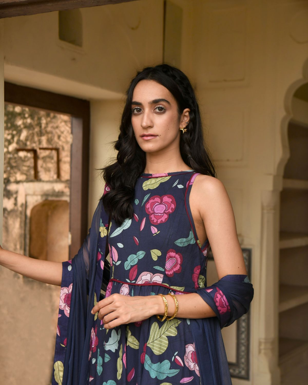 Blue Kurta Set With Chiffon Dupatta by Taro with Blue, Casual Wear, Chiffon, Digital Print, Enchanted Garden by Taro, Evening Wear, Fitted At Waist, Indian Wear, July Sale, July Sale 2023, Kurta Pant Sets, Kurta Set With Dupatta, Mulmul, Natural, Natural with azo free dyes, Womenswear at Kamakhyaa for sustainable fashion