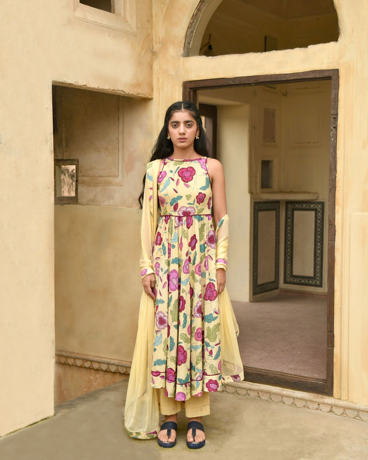 Yellow Kurta Set With Dupatta by Taro with Best Selling, Casual Wear, Chiffon, Digital Print, Enchanted Garden by Taro, Evening Wear, Fitted At Waist, Indian Wear, July Sale, July Sale 2023, Kurta Pant Sets, Kurta Set With Dupatta, Mulmul, Natural, Natural with azo free dyes, Womenswear, Yellow at Kamakhyaa for sustainable fashion