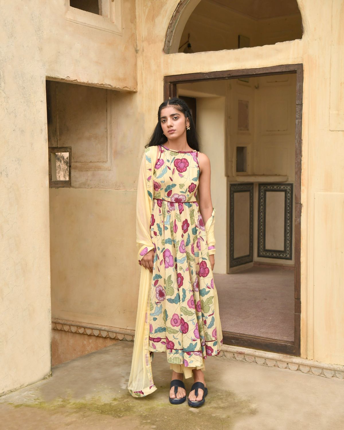 Yellow Kurta Set With Dupatta by Taro with Best Selling, Casual Wear, Chiffon, Digital Print, Enchanted Garden by Taro, Evening Wear, Fitted At Waist, Indian Wear, July Sale, July Sale 2023, Kurta Pant Sets, Kurta Set With Dupatta, Mulmul, Natural, Natural with azo free dyes, Womenswear, Yellow at Kamakhyaa for sustainable fashion