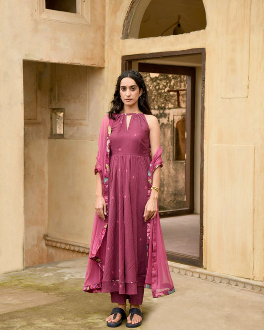Red Kurta Set With Dupatta by Taro with Casual Wear, Chiffon, Digital Print, Enchanted Garden by Taro, Evening Wear, Fitted At Waist, Indian Wear, July Sale, July Sale 2023, Kurta Pant Sets, Kurta Set With Dupatta, Mulmul, Natural, Natural with azo free dyes, Red, Womenswear at Kamakhyaa for sustainable fashion