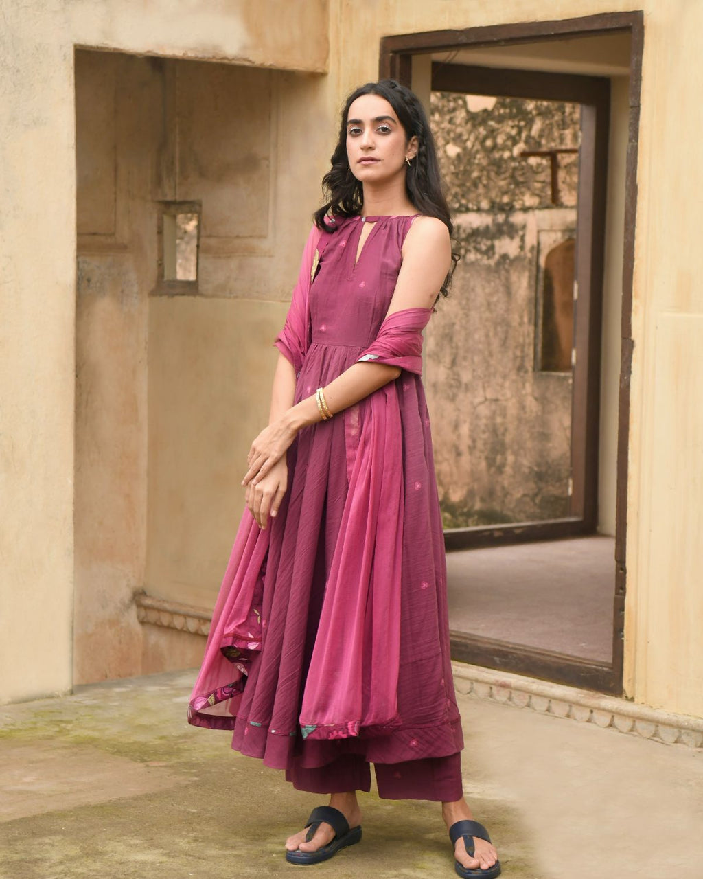 Red Kurta Set With Dupatta by Taro with Casual Wear, Chiffon, Digital Print, Enchanted Garden by Taro, Evening Wear, Fitted At Waist, Indian Wear, July Sale, July Sale 2023, Kurta Pant Sets, Kurta Set With Dupatta, Mulmul, Natural, Natural with azo free dyes, Red, Womenswear at Kamakhyaa for sustainable fashion