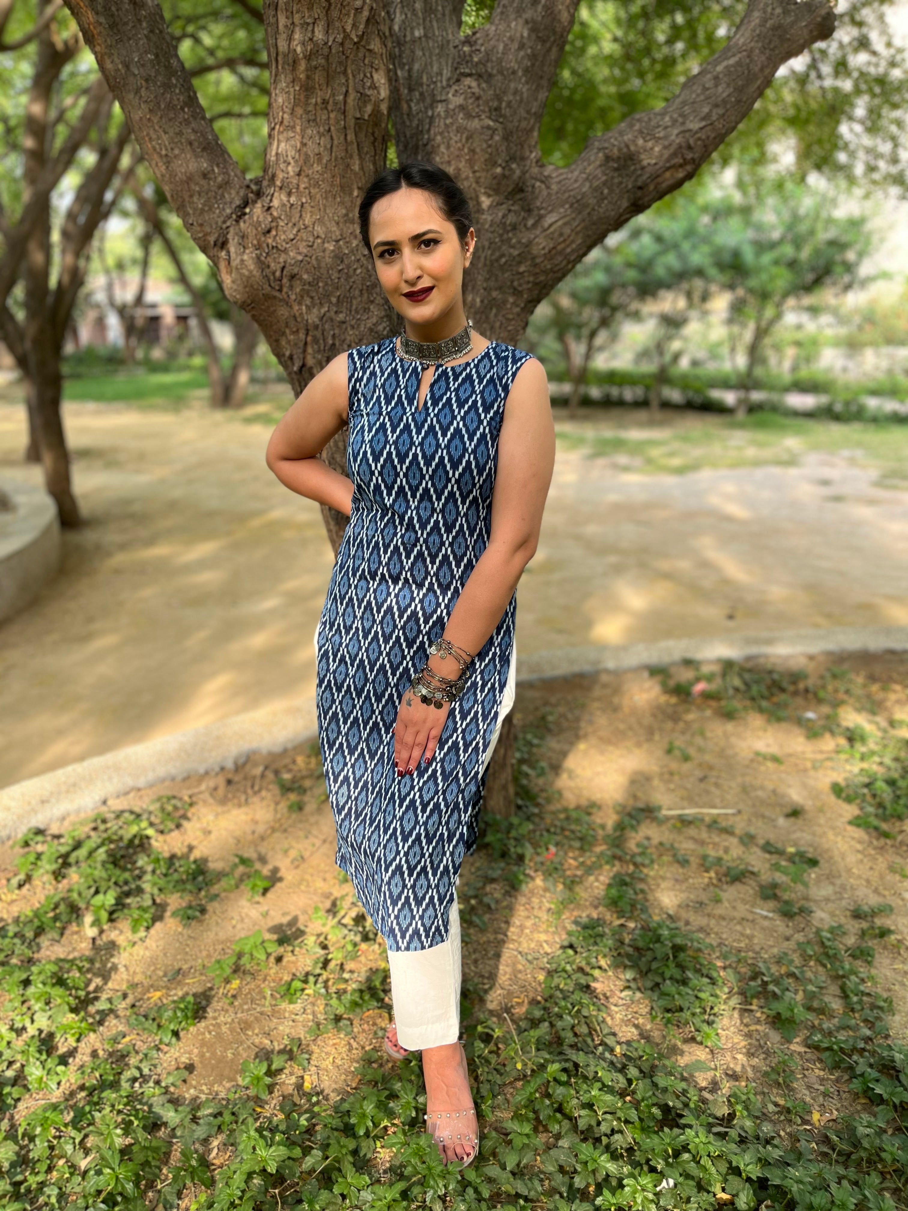 Sleeveless Kurta And Solid Pant by Indian Wear with 100% pure cotton, Blue, Casual Wear, Complete Sets, Indian Wear, KKYSS, Kurta Pant Sets, Natural, Prints, Regular Fit, Summer Sutra, Womenswear at Kamakhyaa for sustainable fashion