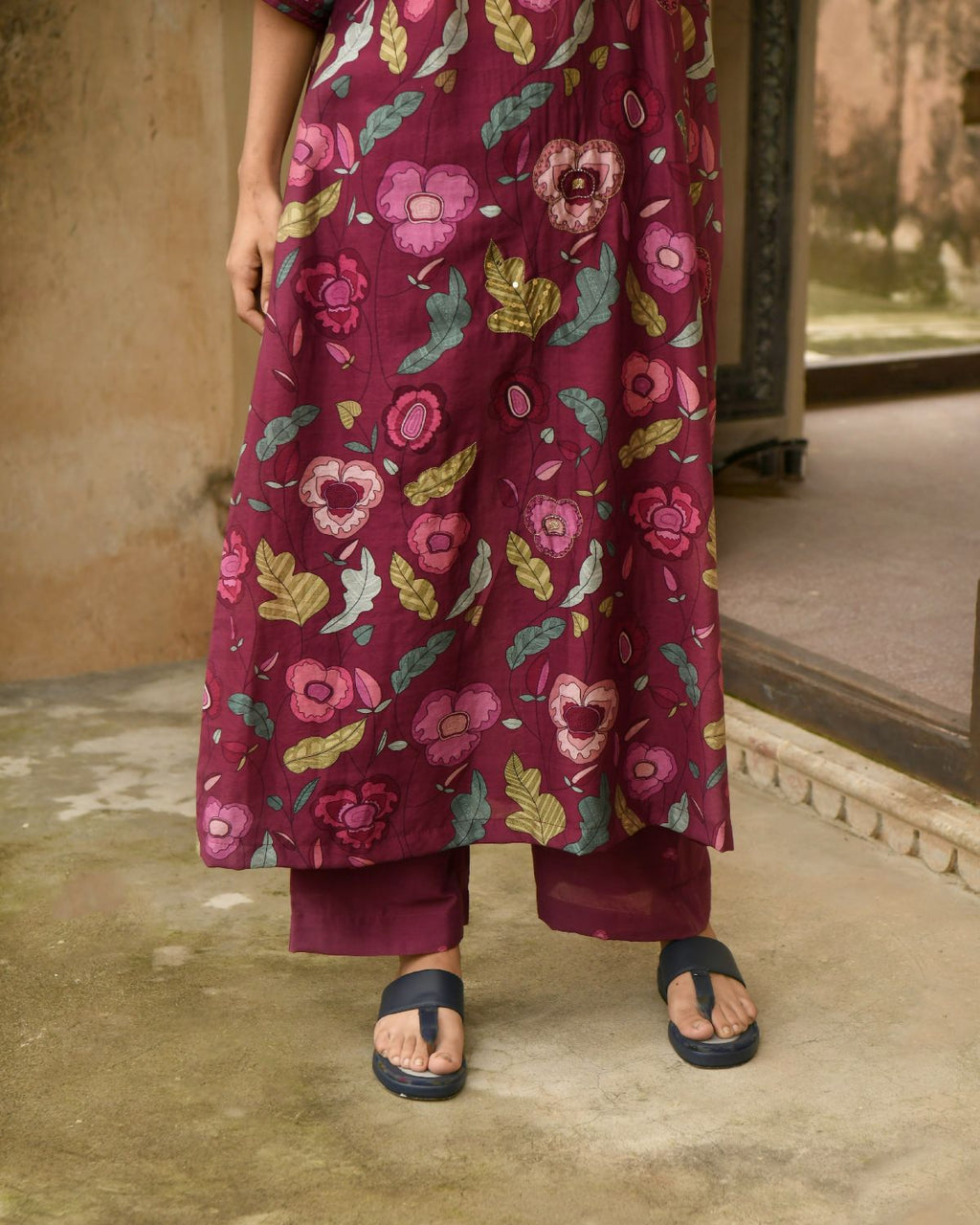 Red Kaftan With Pant by Taro with Beads, Best Selling, Chanderi Silk, Digital Print, Enchanted Garden by Taro, Evening Wear, Festive Wear, Handcrafted buttons, Indian Wear, July Sale, July Sale 2023, Kurta Pant Sets, Natural, Natural with azo free dyes, Red, Relaxed Fit, Sequin Work, Womenswear at Kamakhyaa for sustainable fashion