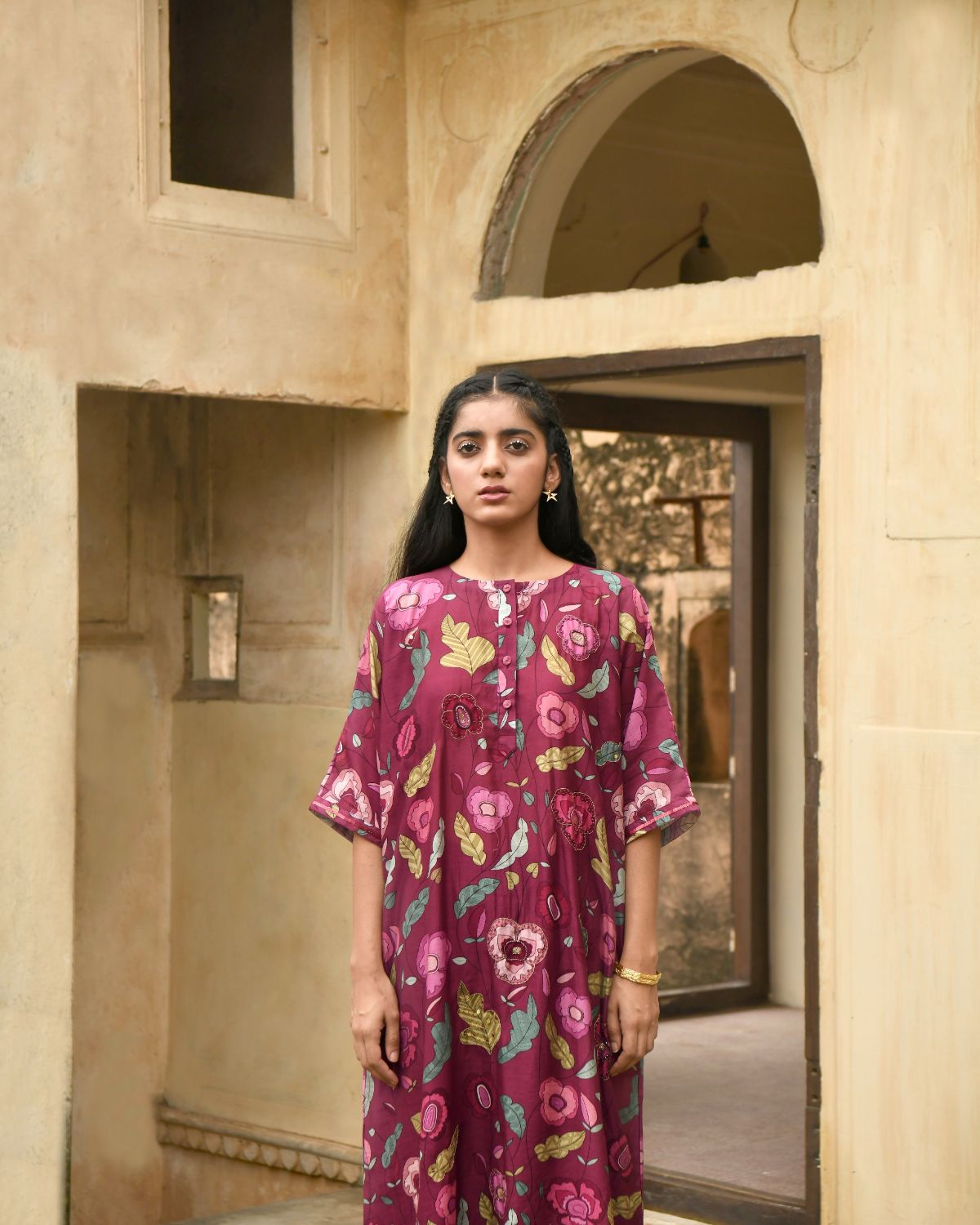 Red Kaftan With Pant by Taro with Beads, Best Selling, Chanderi Silk, Digital Print, Enchanted Garden by Taro, Evening Wear, Festive Wear, Handcrafted buttons, Indian Wear, July Sale, July Sale 2023, Kurta Pant Sets, Natural, Natural with azo free dyes, Red, Relaxed Fit, Sequin Work, Womenswear at Kamakhyaa for sustainable fashion