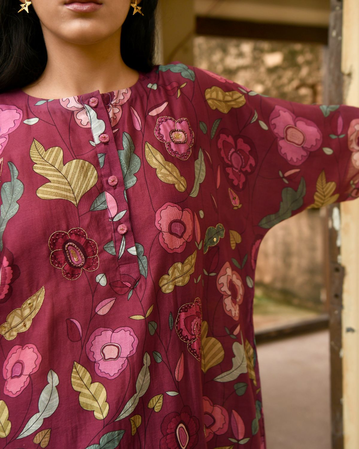 Red Kaftan With Pant by Taro with Beads, Best Selling, Chanderi Silk, Digital Print, Enchanted Garden by Taro, Evening Wear, Festive Wear, Handcrafted buttons, Indian Wear, July Sale, July Sale 2023, Kurta Pant Sets, Natural, Natural with azo free dyes, Red, Relaxed Fit, Sequin Work, Womenswear at Kamakhyaa for sustainable fashion